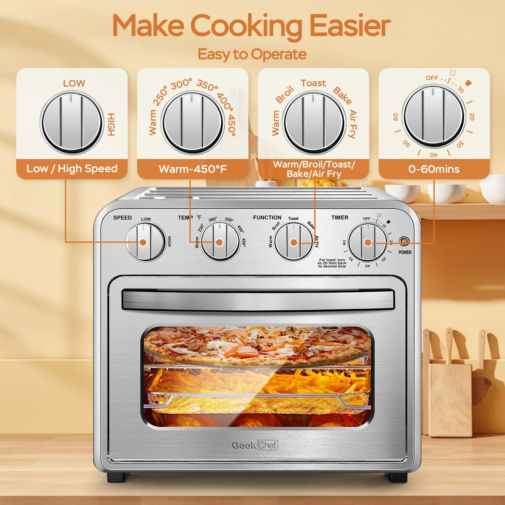 Geek Chef 16QT Air Fryer Toaster Oven - 4 Slice Convection Countertop Oven with Accessories, Oil-Free Cooking, ETL Certified - Perfect for Baking, Roasting & Healthy Meals in Small Kitchens