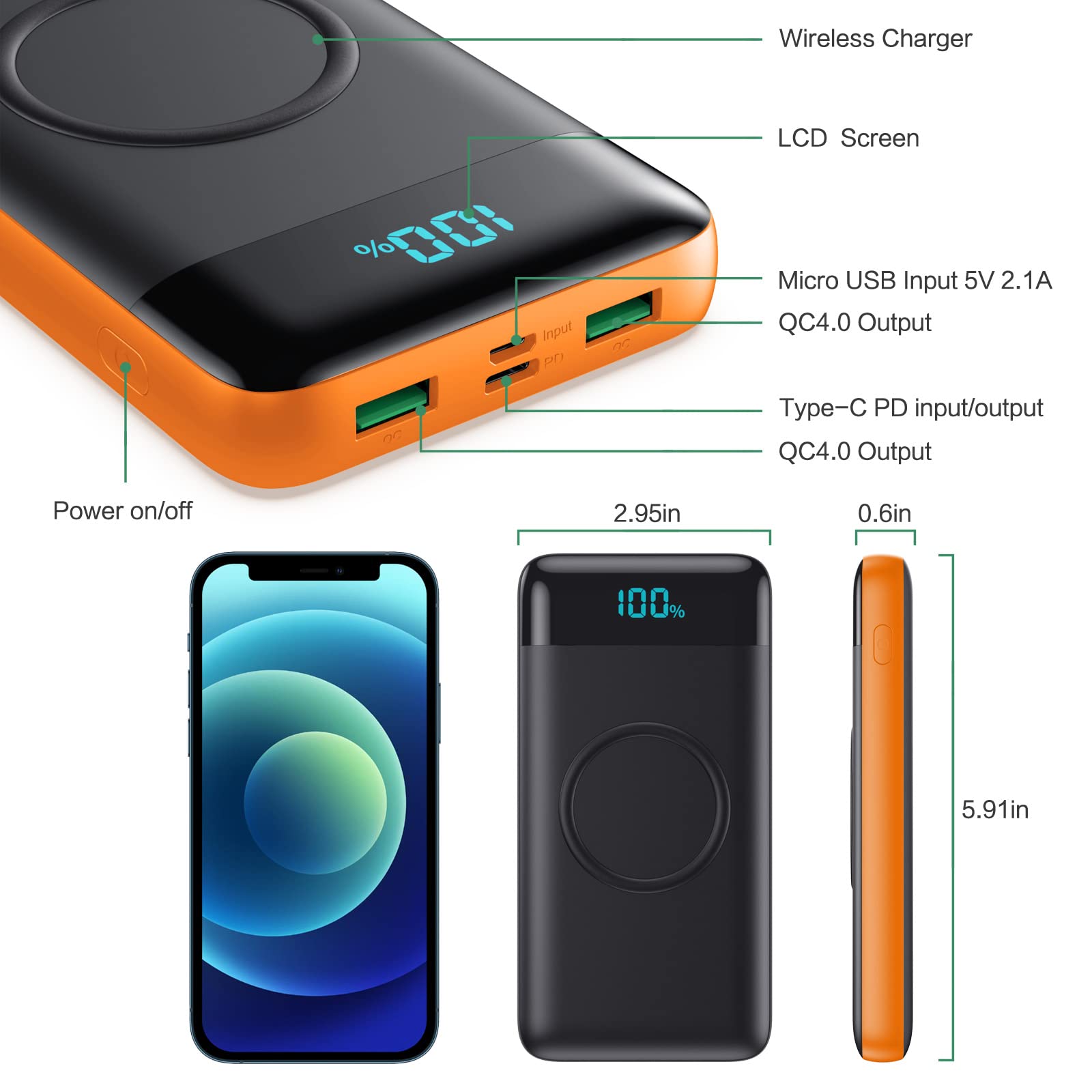 30800mAh Wireless Portable Charger with 15W Wireless & 25W PD QC4.0 Fast Charging | Smart LED Display | 4 Outputs & 2 Inputs USB-C Power Bank | Compatible with iPhone Samsung Galaxy | Perfect for Travel Camping & Emergency Charging - Orange