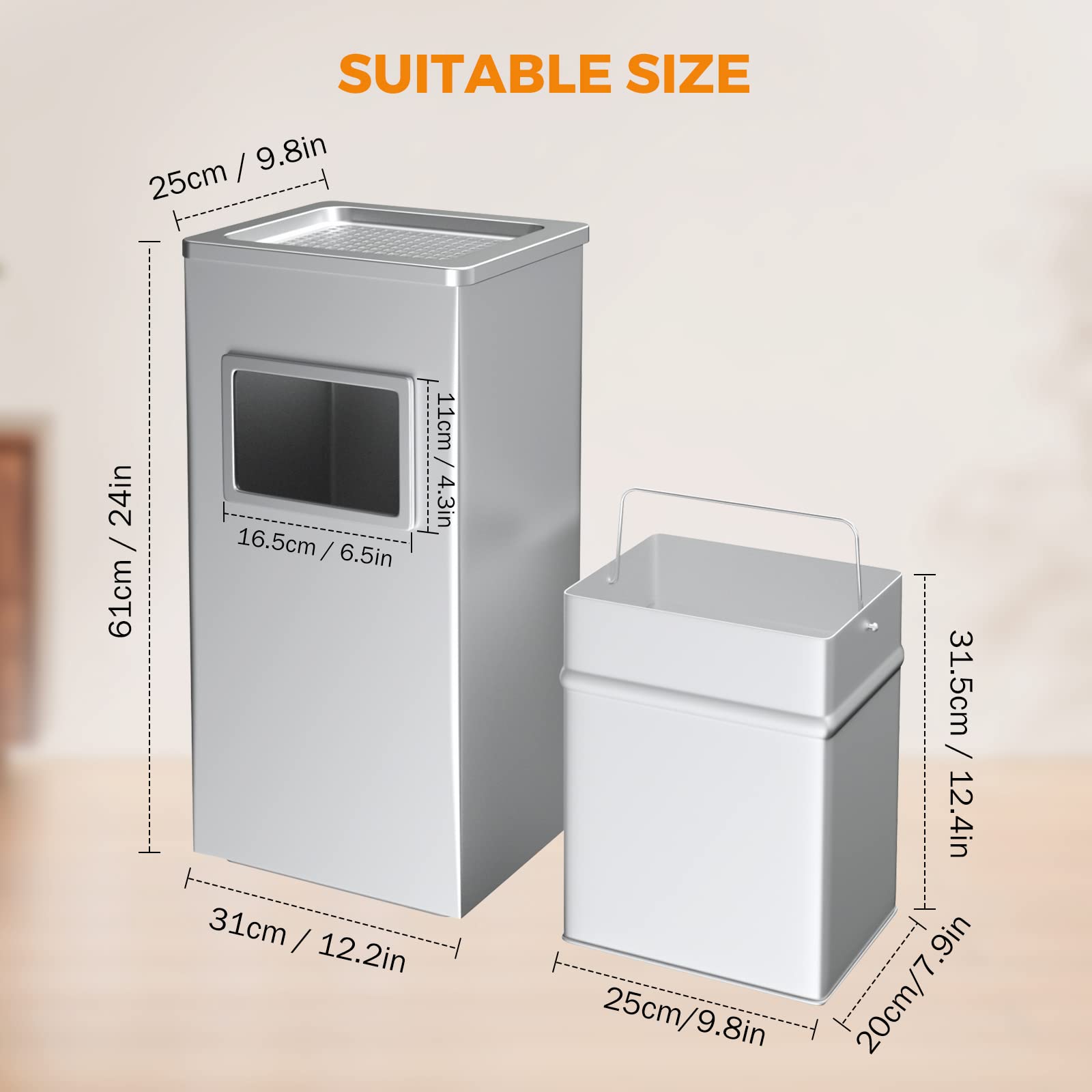 BEAMNOVA Stainless Steel Trash Can with Lid - 31x25x61cm Indoor Outdoor Commercial Garbage Bin for Kitchen, Office, Restaurant & Industrial Use - Durable Metal Waste Container (Metallic Color)