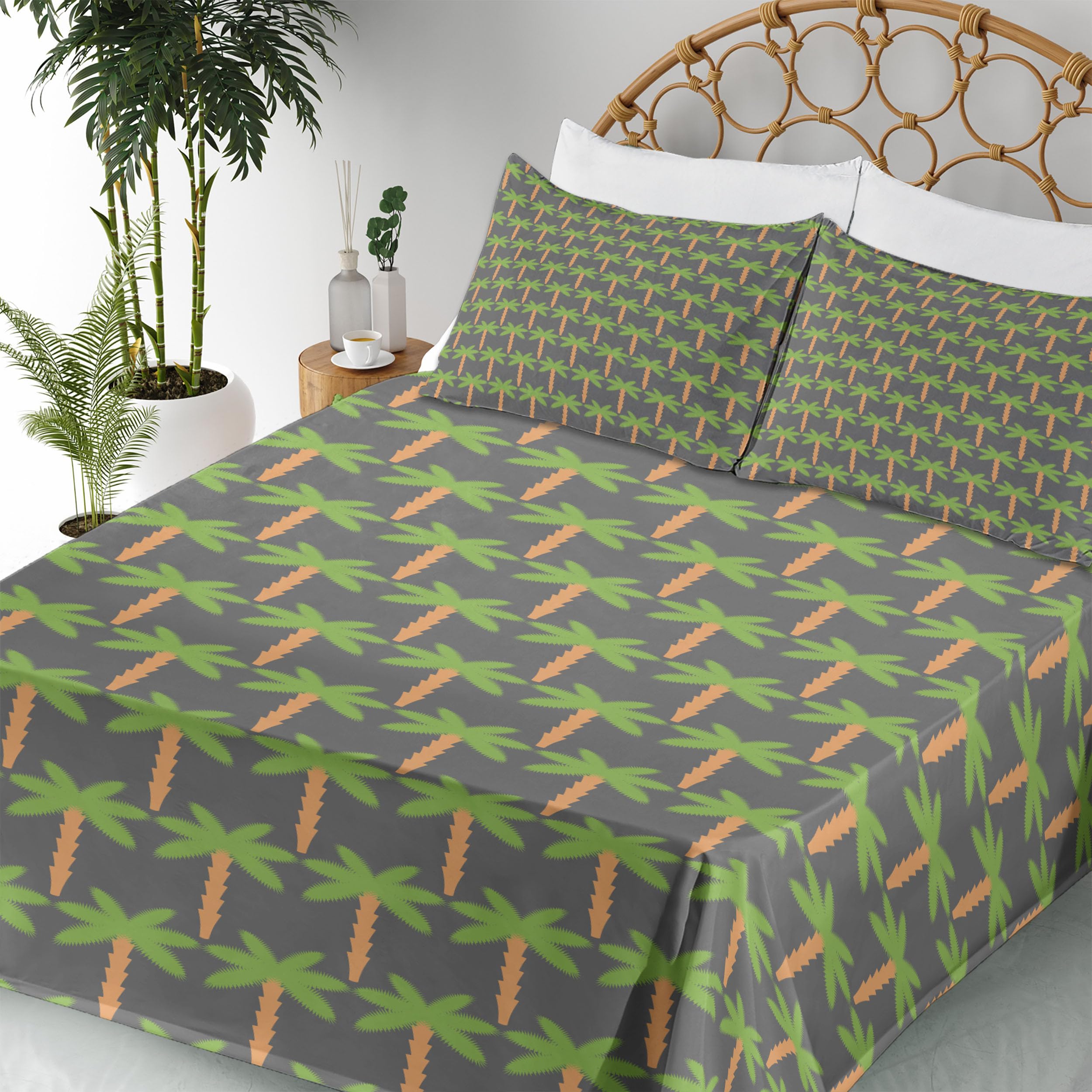 Ambesonne Exotic Tropical Palm Tree Bed Sheet Set - King Size 4-Piece Bedding with Fitted Sheet, Flat Sheet & Pillowcases - Hawaiian Nature Inspired Grey Lime Green Design - Perfect for Beach House, Vacation Home & Tropical Themed Bedrooms