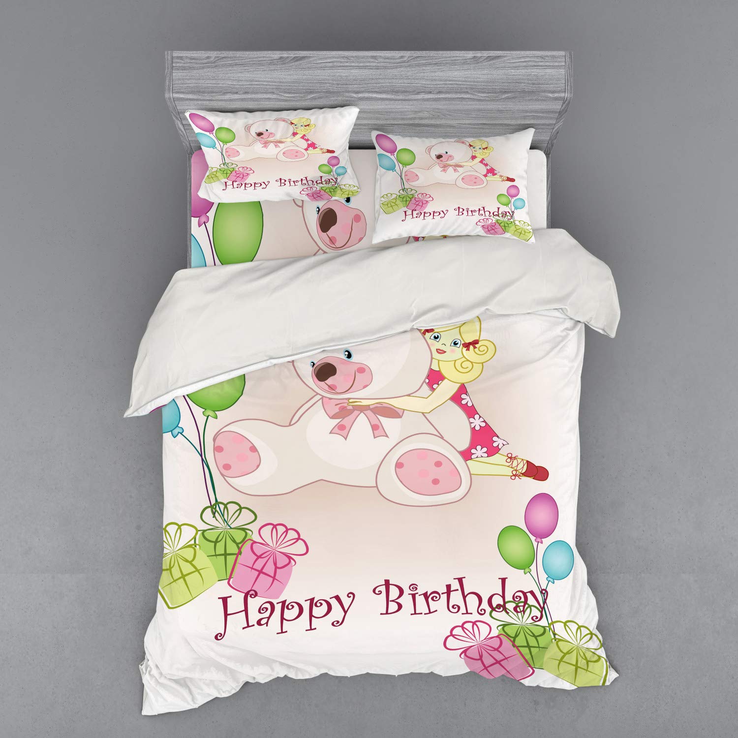 Ambesonne Birthday Party Duvet Cover Set - Colorful Teddy Bears, Balloons & Dolls Cartoon Print 3-Piece Bedding Set with Sham & Fitted Sheet, Queen Size, Pale Pink | Perfect for Kids' Rooms, Birthday Decorations & Themed Bedrooms