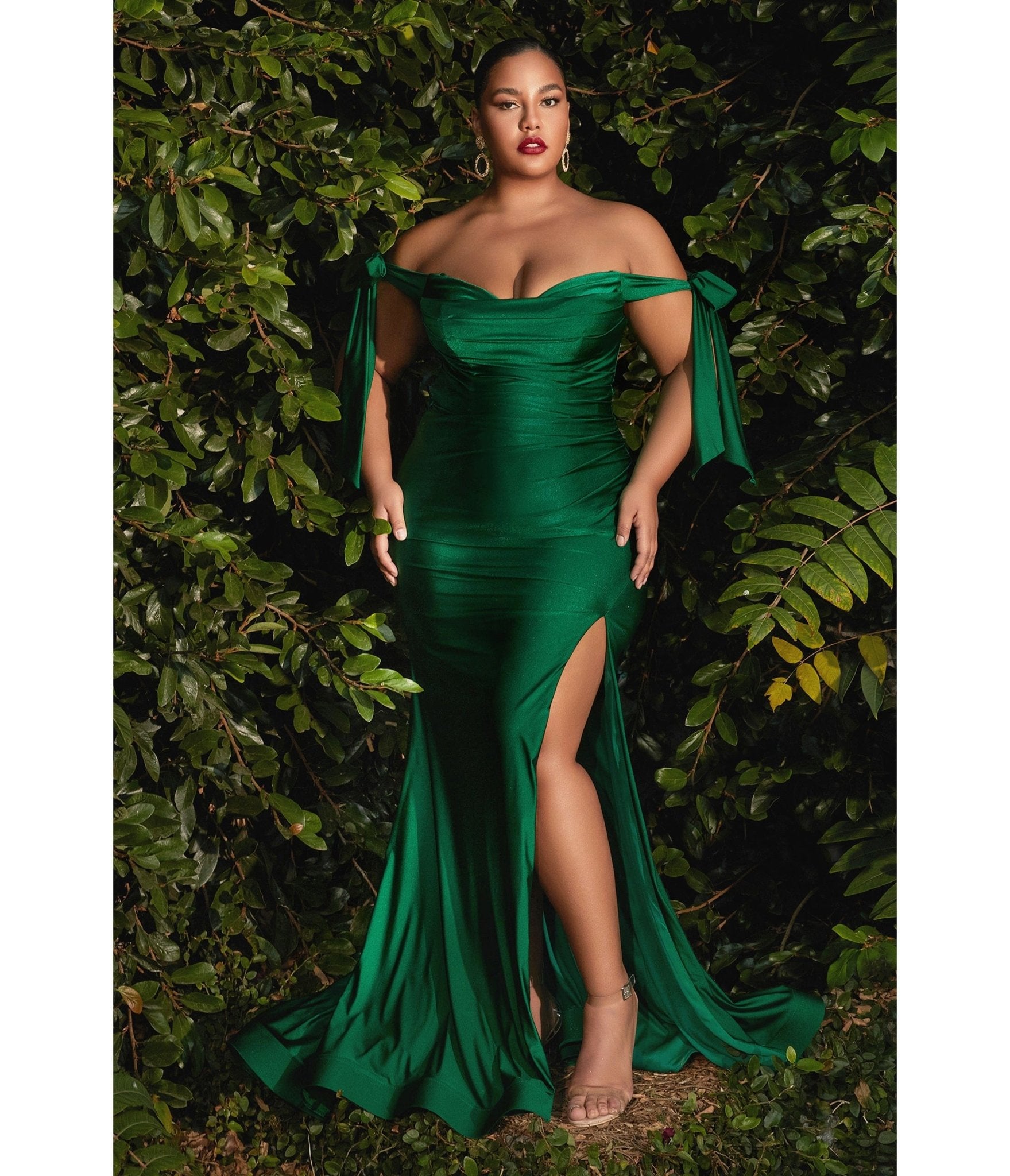 Ladivine by Cinderella Divine Plus Size Emerald Green Off The Shoulder Tie Bridesmaid Dress for Weddings, Prom, Formal Events & Special Occasions