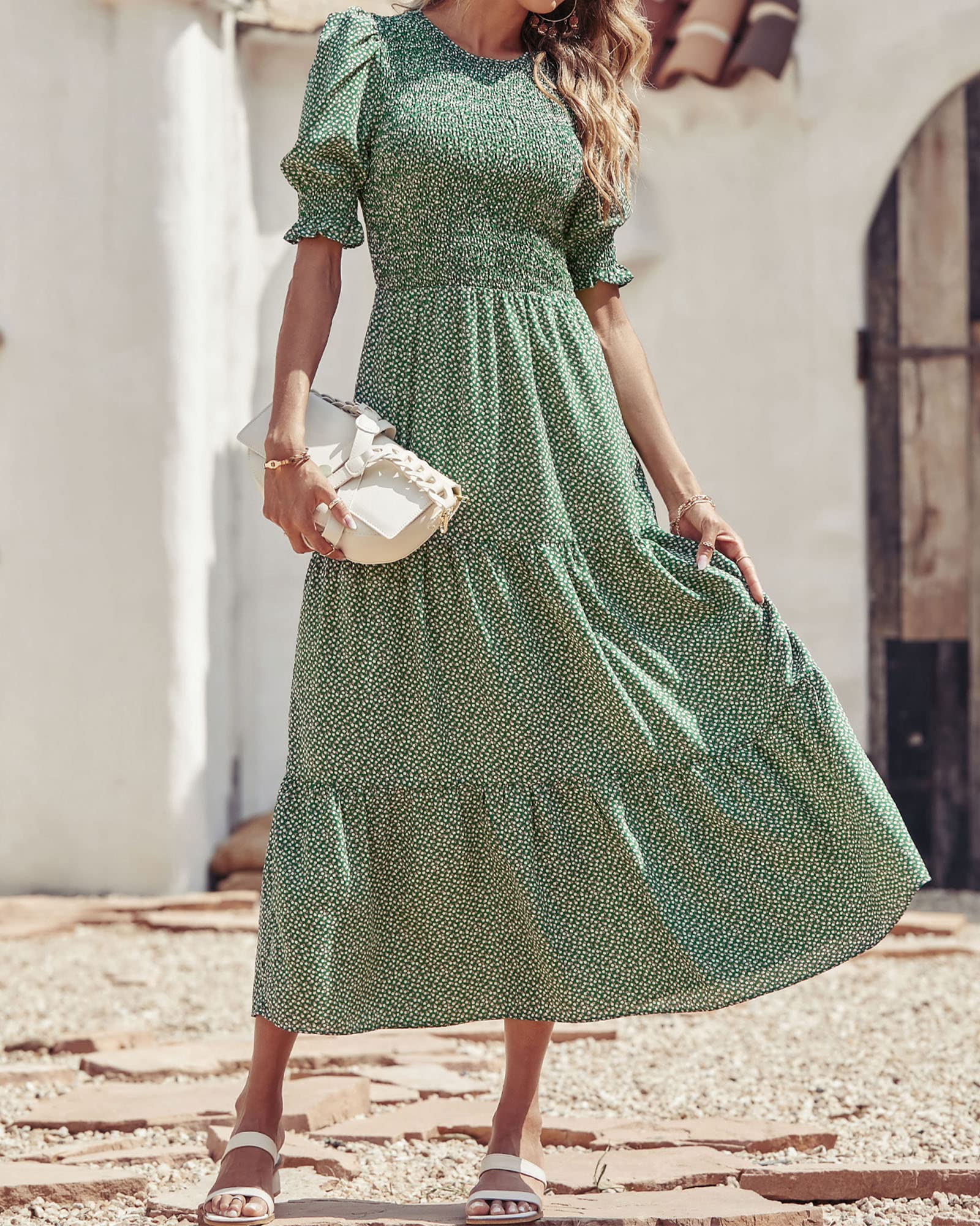 BTFBM Women's Floral Print Boho Maxi Dress - Crew Neck, Ruffle Short Sleeve, Smocked Waist, Flowy Summer Dress for Beach, Vacation & Casual Wear 2025