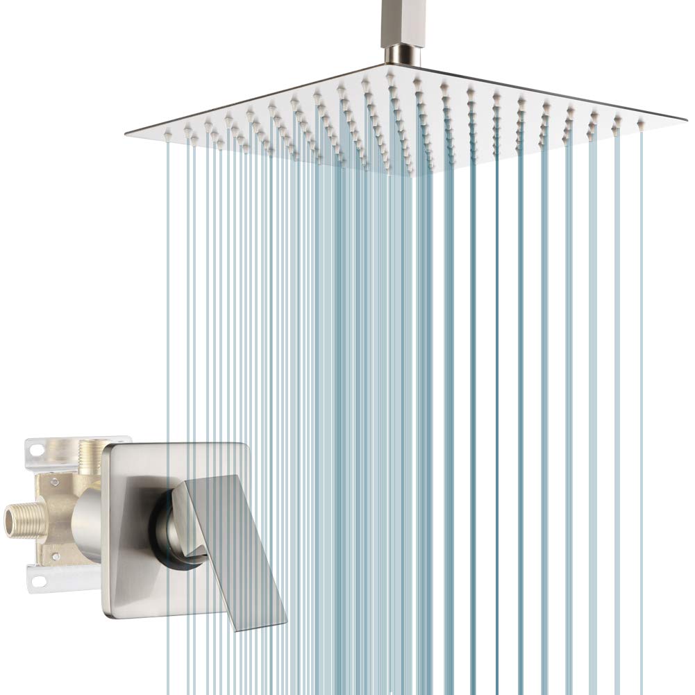 Brushed Nickel Ceiling Mount Shower Faucet Set - 10 Inch Rainfall Shower Head System with Single Handle Mixer Trim Kit & Rough-in Valve for Modern Bathroom | Perfect for Spa-Like Experience & Luxury Home Renovation