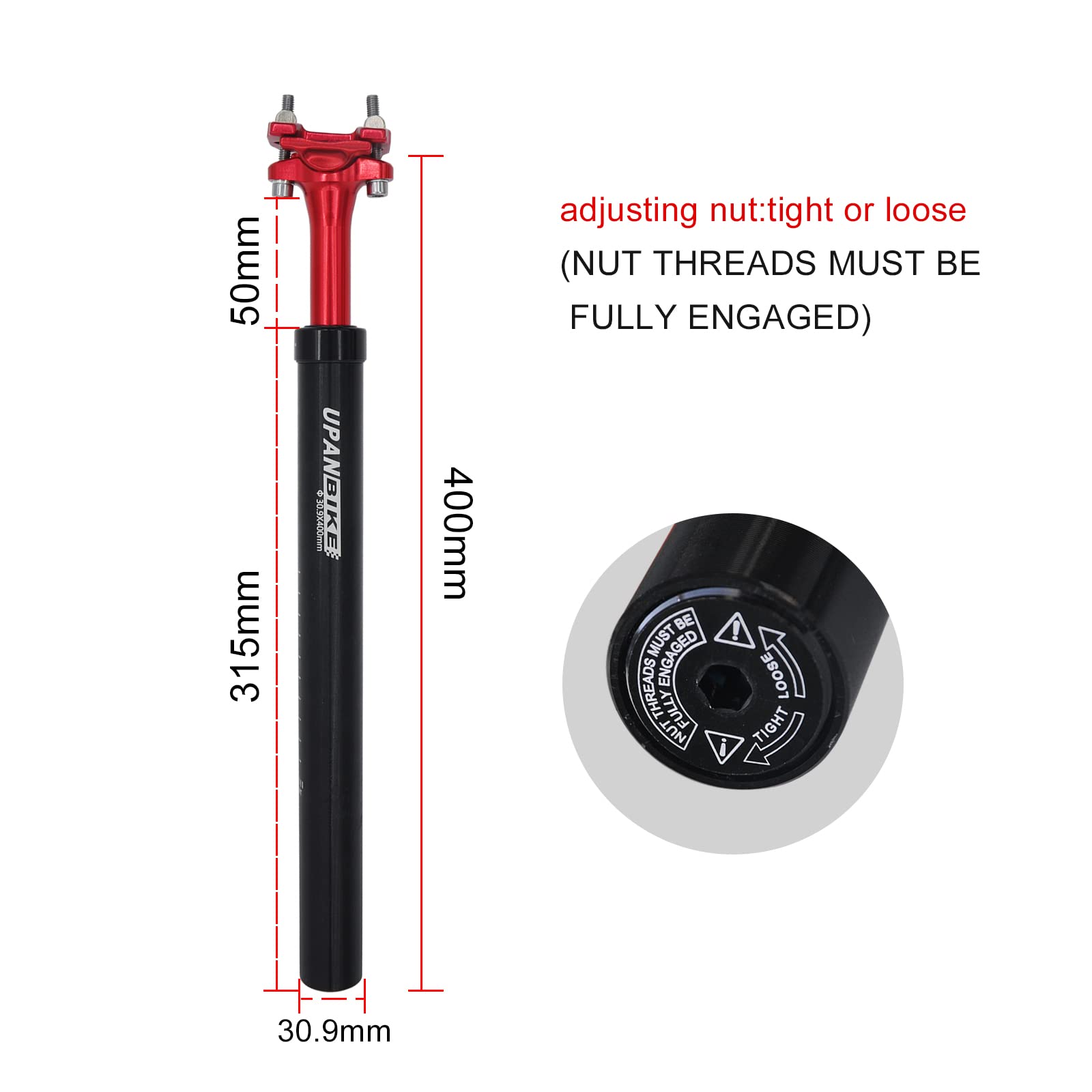 UPANBIKE 400mm Bike Suspension Seatpost - Shock Absorber Seat Post for Mountain Bike, BMX & Road Bike - Compatible with φ27.2mm/28.6mm/30.9mm/31.6mm - Perfect for Off-Road Cycling, Commuting & Bumpy Trails