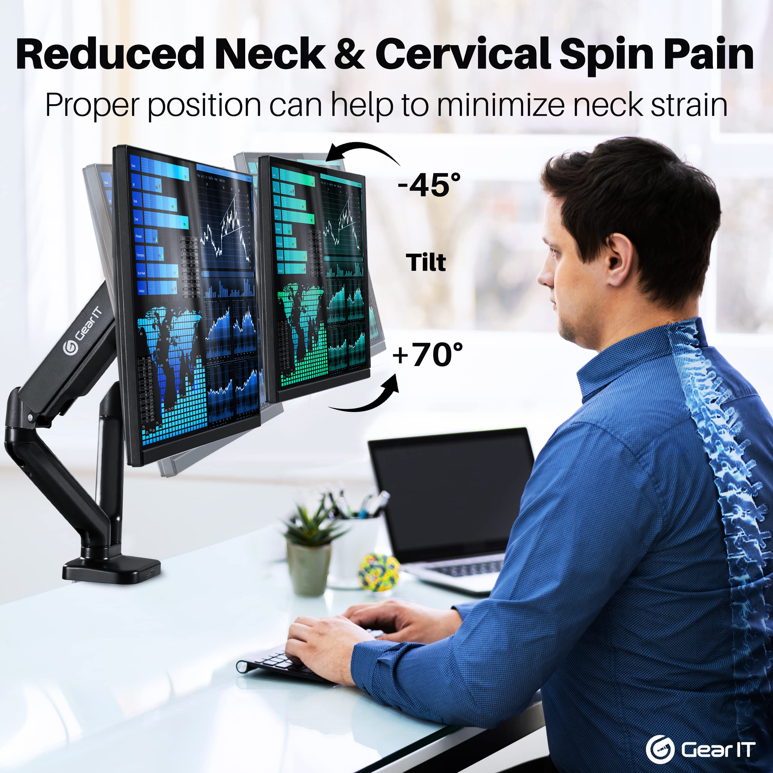 GEARit Dual Monitor Stand for 13-32 Inch Screens up to 19.8 lbs - Adjustable Gas Spring Arm with VESA 75x100/100x100mm Mount - Tilt, Swivel & Rotate for Home Office & Gaming Setup