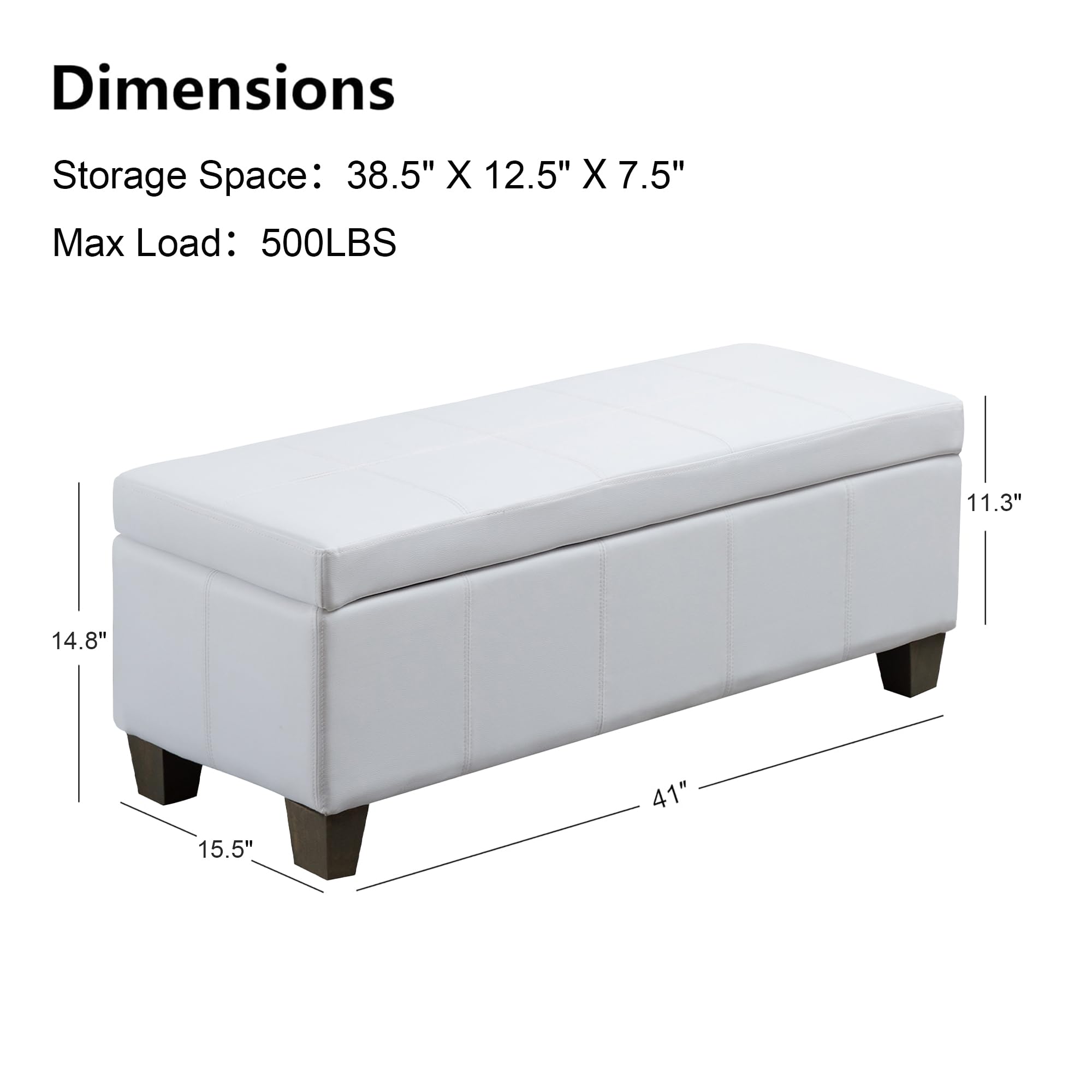 White Faux Leather Storage Ottoman Bench - Extra Long Rectangular Footrest with Hidden Storage | Perfect for Bedroom, Living Room & Entryway Seating and Organization