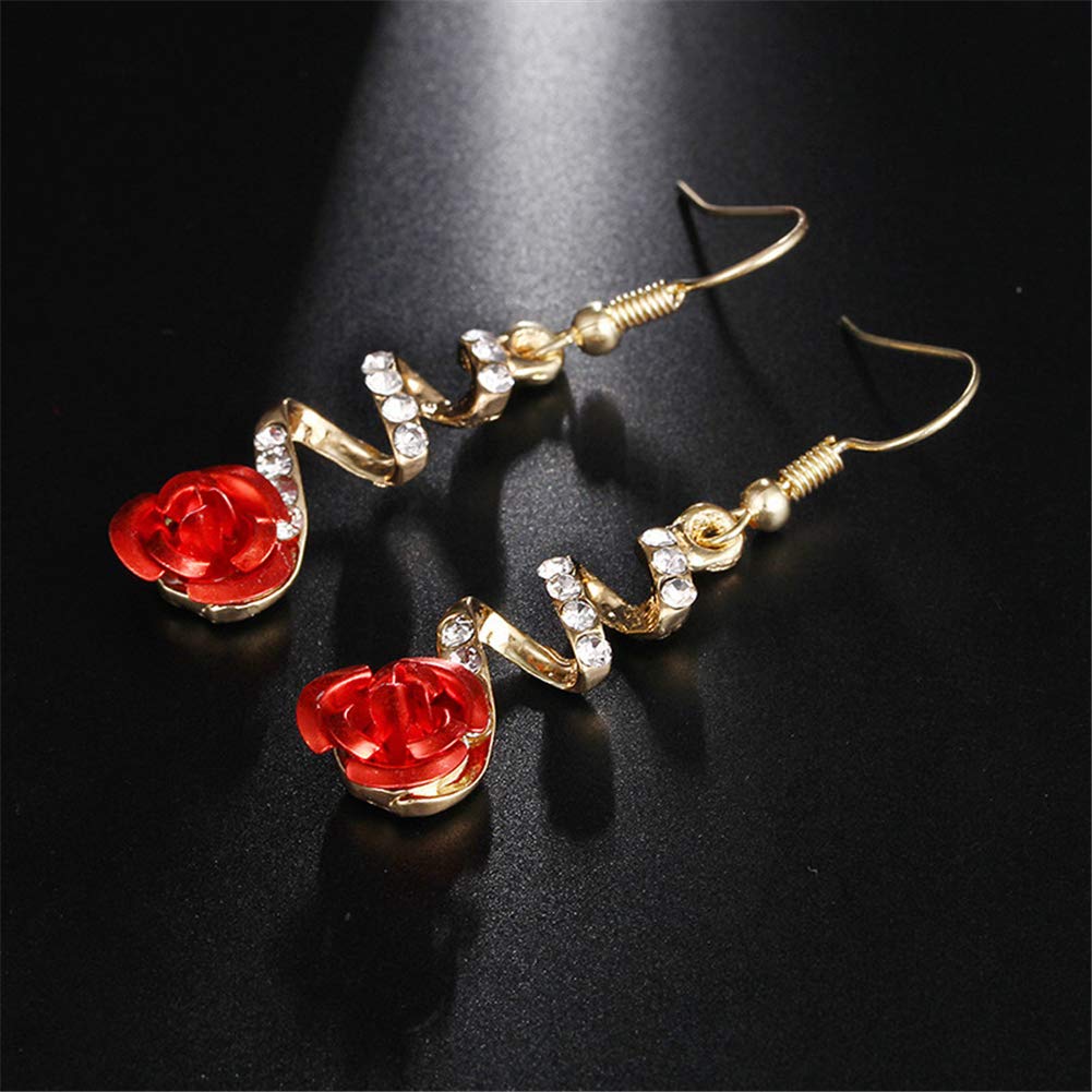 Elegant Vintage Rose Gold Spiral Dangle Earrings with Rhinestones - Romantic Red Rose Drop Earrings for Women | Perfect for Weddings, Date Nights & Special Occasions
