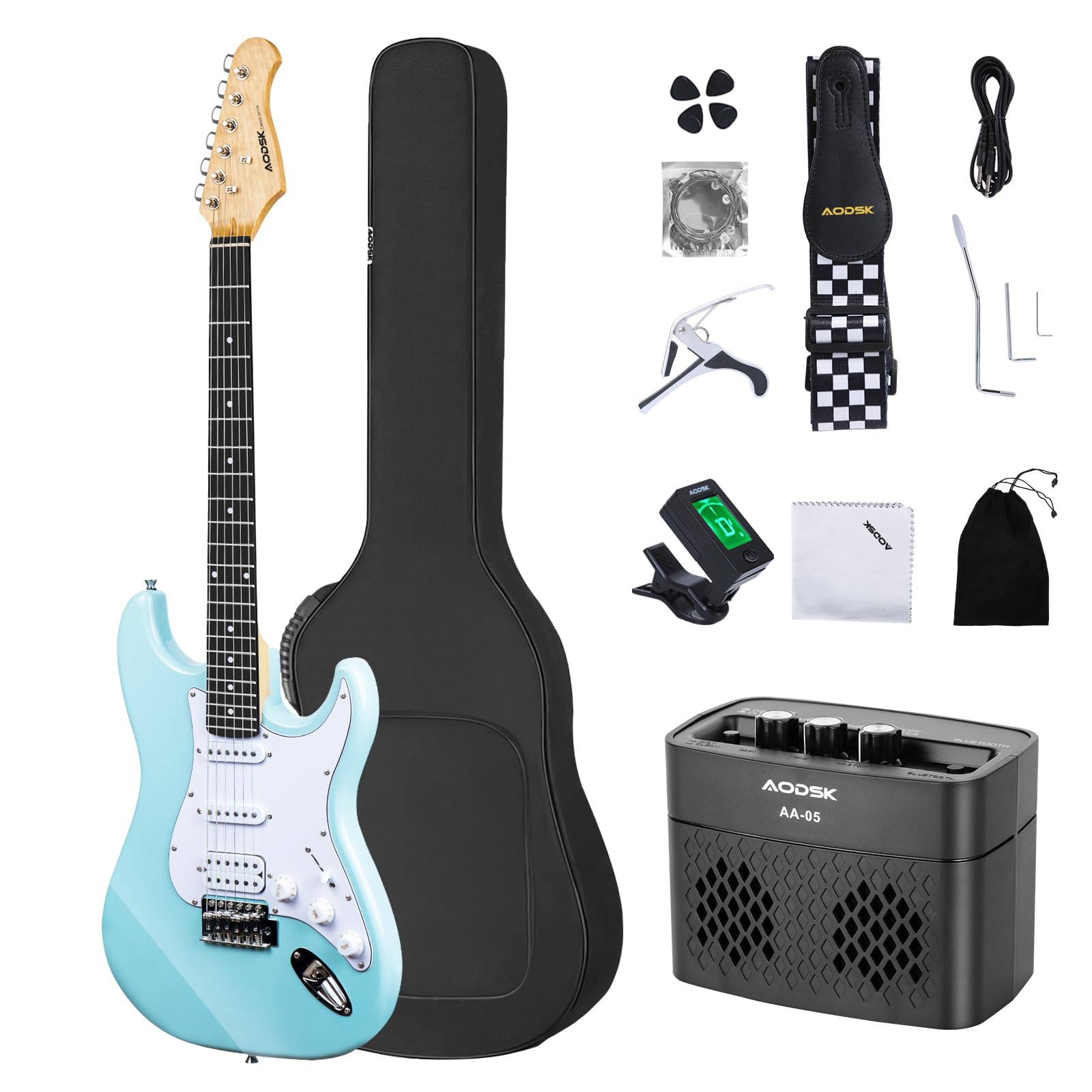 AODSK 39 Inch Full Size Electric Guitar Starter Kit with Amp, HSS Pickups, Digital Tuner, Tremolo Bar, Strap & Gig Bag - Perfect for Beginners, Practice & Live Performances (Blue)