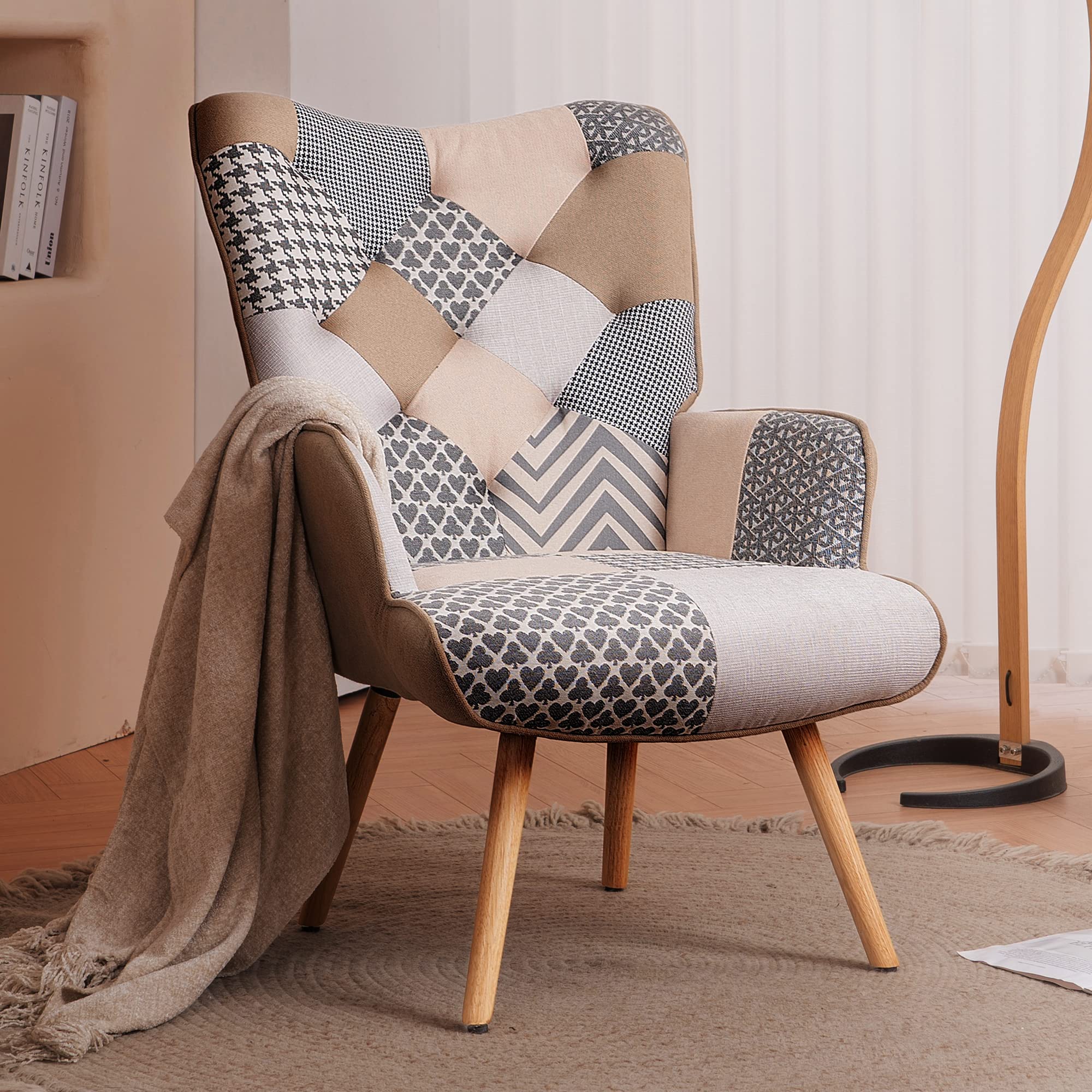 Joysoul Modern High Back Accent Chair - Grey Plaid Upholstered Armchair for Living Room, Bedroom & Waiting Room - Perfect for Reading, Relaxing & Home Decor