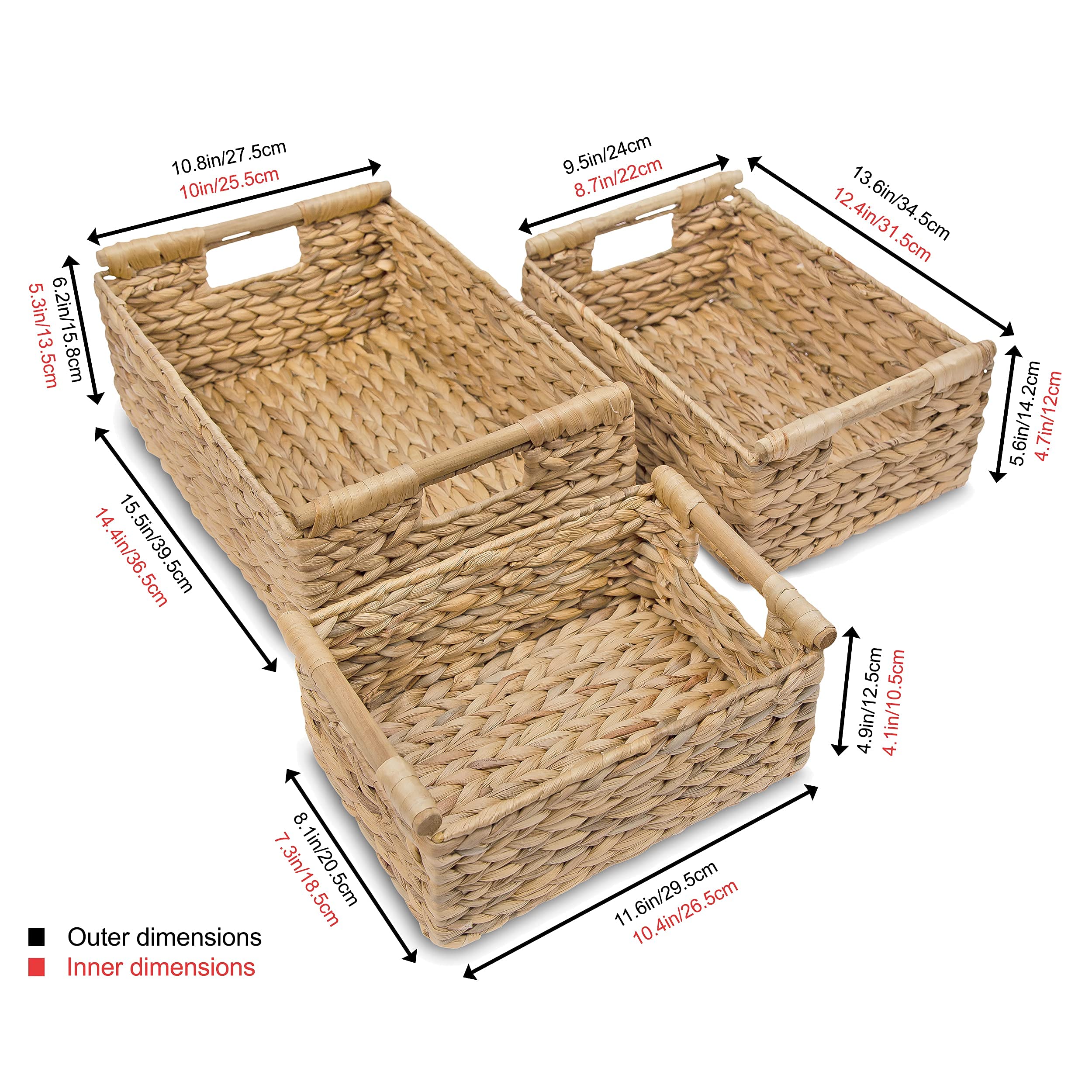 Natural Wicker Storage Baskets with Wooden Handles - Water Hyacinth & Seagrass Rectangular Organizing Bins for Shelves, Closet, and Home Decor | Perfect for Bedroom, Bathroom, and Living Room Storage Solutions
