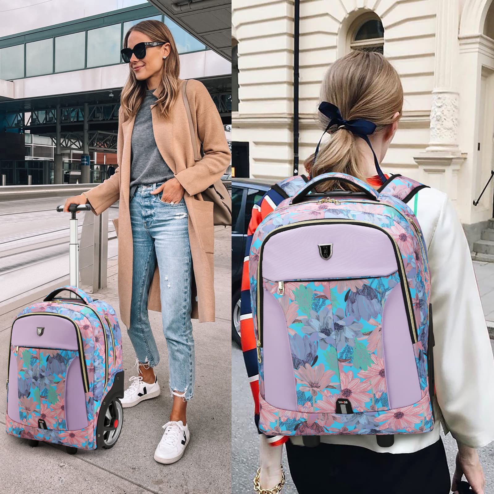 Waterproof Rolling Backpack with Wheels for Business & Travel - 20 Inch Wheeled Laptop Backpack Fits 15.6 Inch Computer - Pink Carry-On Backpack for Commuters, Adults, Women & Men - Perfect for Air Travel, Daily Commute & Office Use