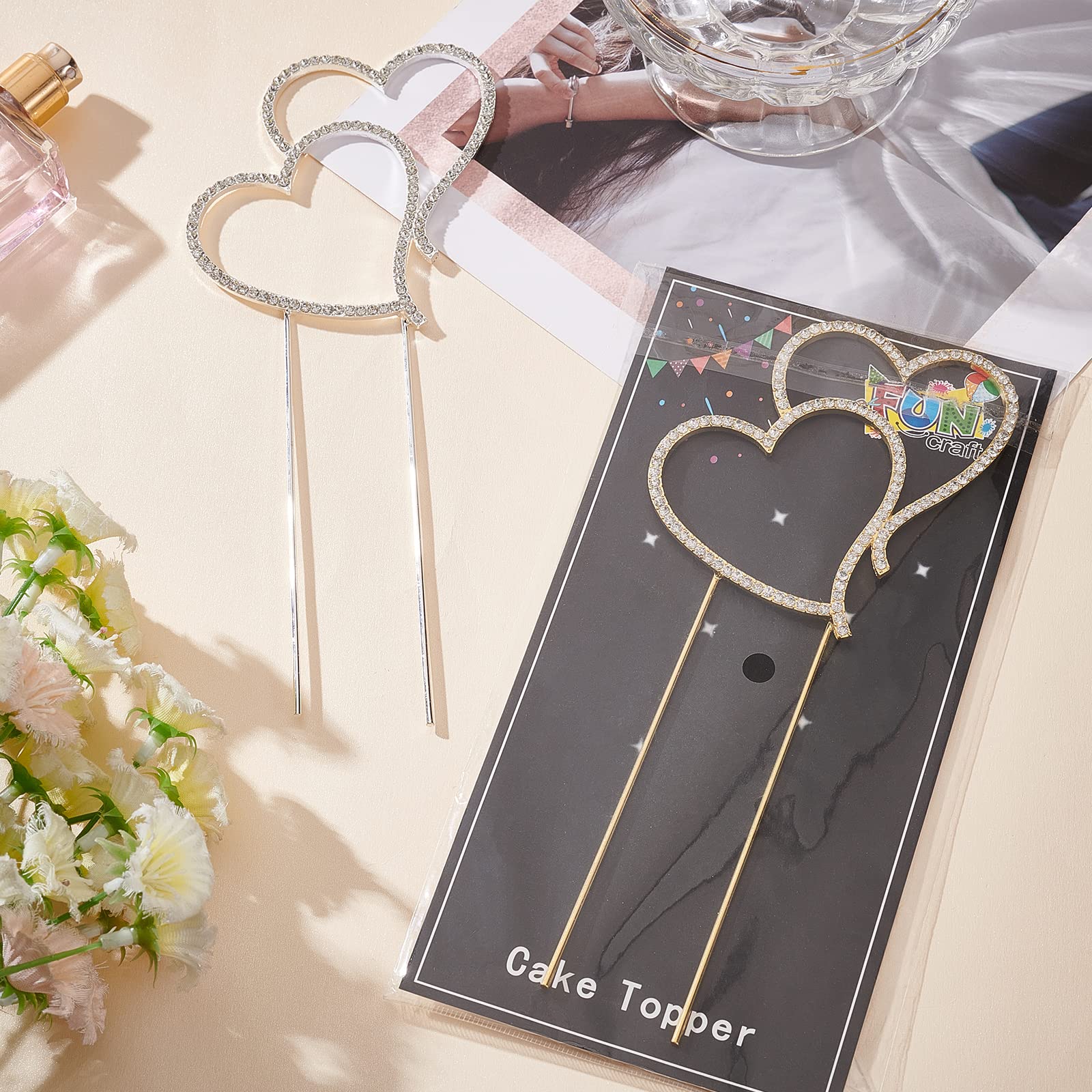 FINGERINSPIRE 2 Pcs Gold & Silver Double Heart Rhinestone Cake Topper - Alloy Crystal Wedding Cake Decor for Anniversary, Valentine's Day Party | Perfect for Wedding Cakes, Cupcakes, and Dessert Table Displays