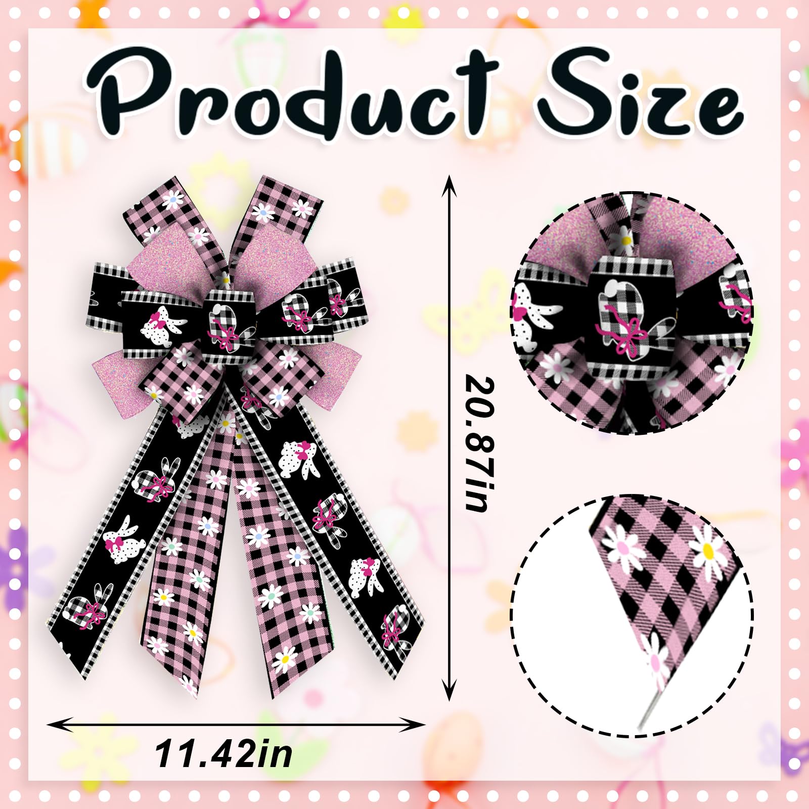 Large Easter Bunny Bows for Wreaths - Pink & Black Buffalo Plaid Bows with Spring Flowers & Burlap - Holiday Tree Topper & Front Door Decorations - Perfect for Easter Party Supplies & Home Decor