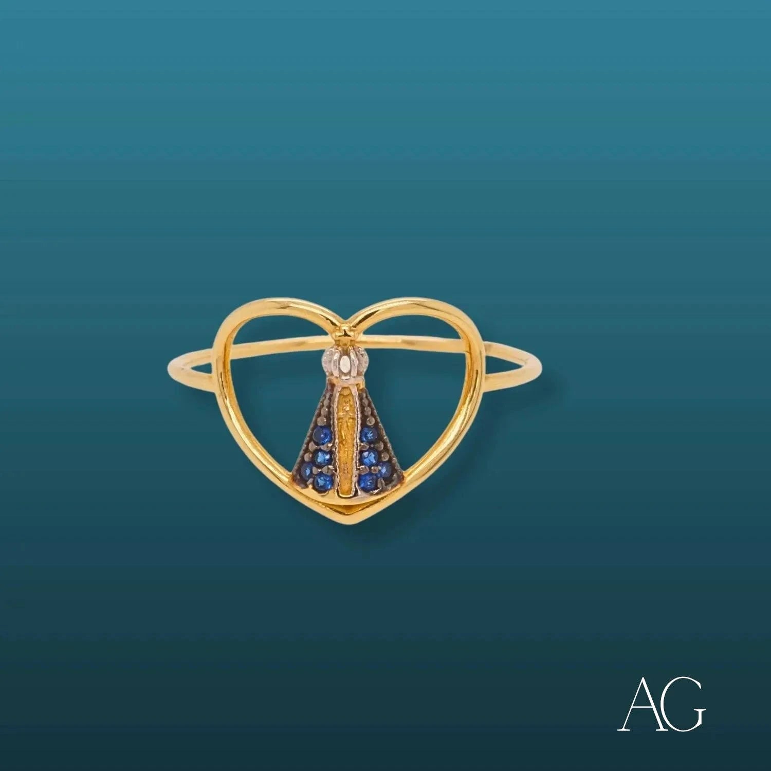 Divine Love Nossa Senhora Ring - 18K Gold Plated Dark Blue Virgin Mary Religious Jewelry for Women - Perfect for Church, Weddings & Special Occasions