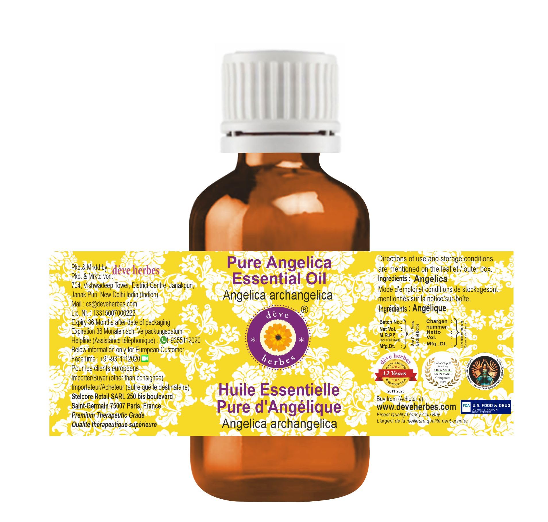 Deve Herbes Pure Angelica Essential Oil (Angelica archangelica) - 100% Natural Therapeutic Grade, Steam Distilled 50ml (1.69 oz) for Aromatherapy, Massage & Stress Relief