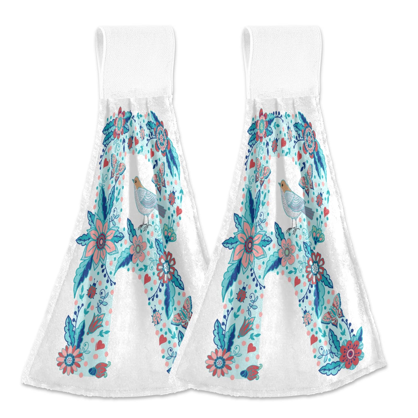2 PCS Floral Alphabet Letter R Hanging Hand Towels - Spring Bird Design Kitchen Dish Towels & Bathroom Hand Towels | Super Absorbent Coral Velvet for Drying Hands & Dishes | Perfect for Farmhouse, Cottage & Vintage Home Decor