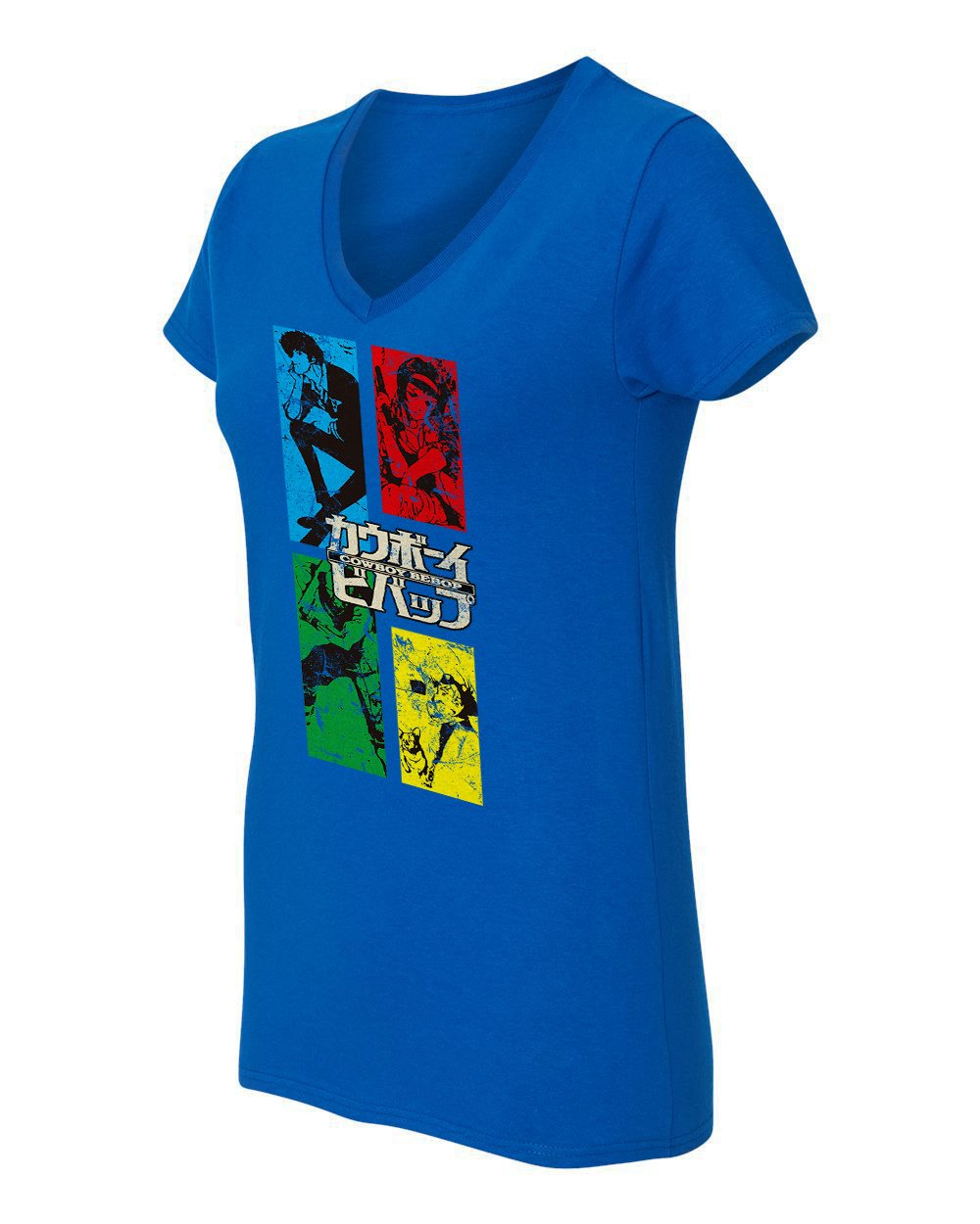 RIVEBELLA Women's Anime Graphic V-Neck T-Shirt - Stylish Manga Crew Neck Tee with Cowboy Bebop Design | Perfect for Cosplay, Casual Wear & Anime Conventions