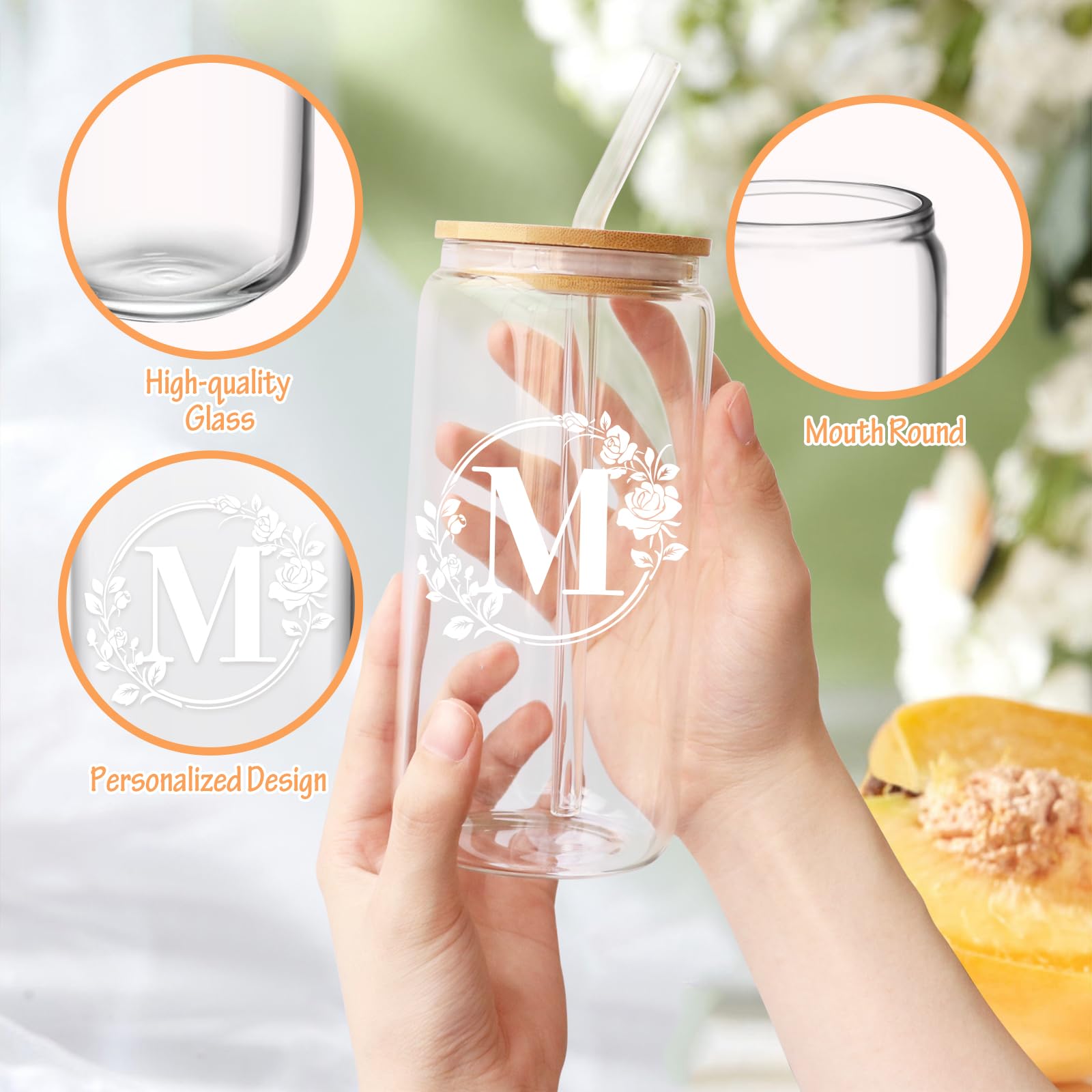 Personalized Monogrammed Initial Glass Cup - 16oz Iced Coffee & Beer Can Shaped Glass with Lid & Straw - Unique Birthday & Christmas Gifts for Women - Perfect for Home, Office & Party Drinks