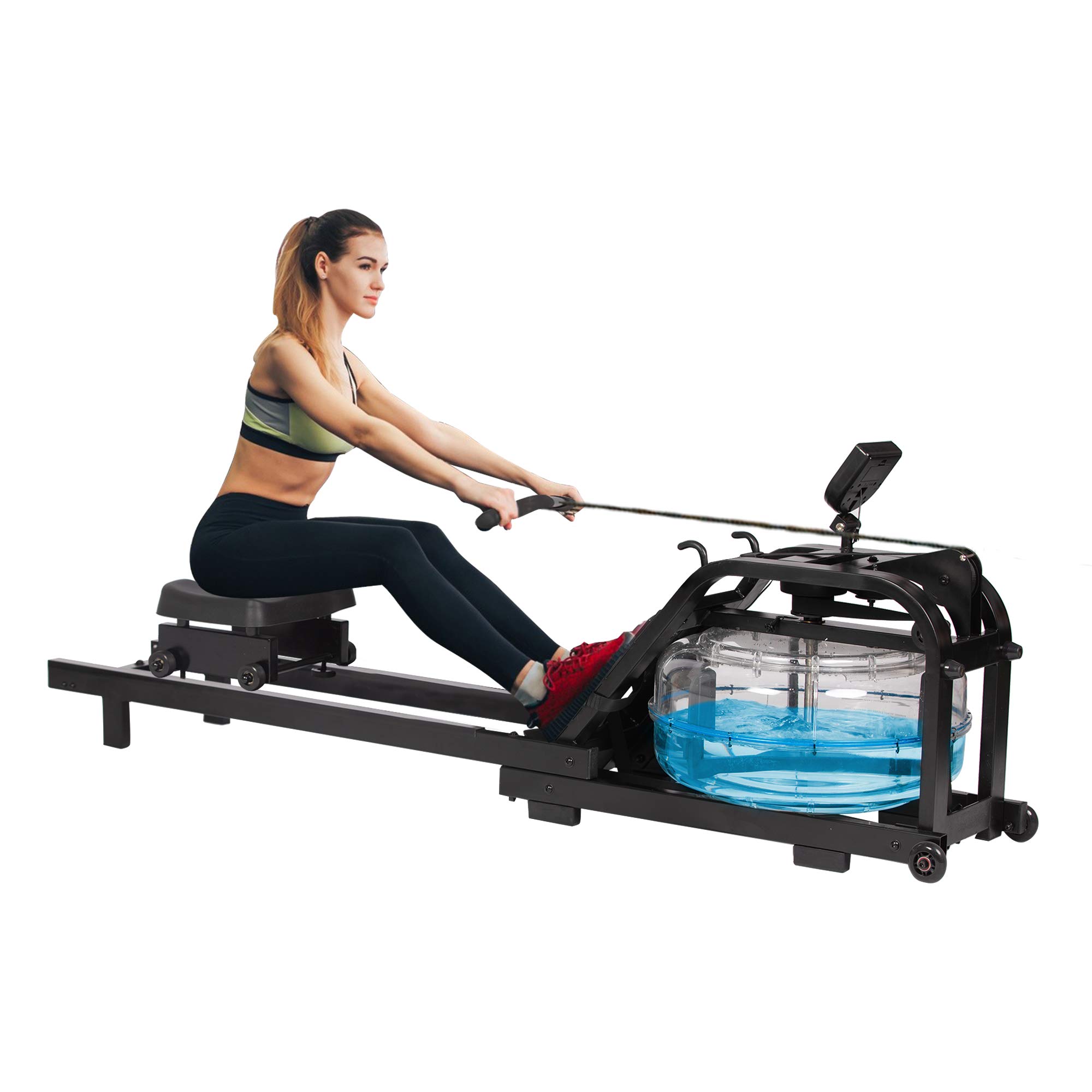 LUCKYERMORE Water Rowing Machine with LCD Monitor - 265 Lbs Weight Capacity, Adjustable & Space-Saving Indoor Rower for Home Gym, Double Track System, Mobile Wheels (Black) - Perfect for Full-Body Workout, Cardio Training & Small Spaces