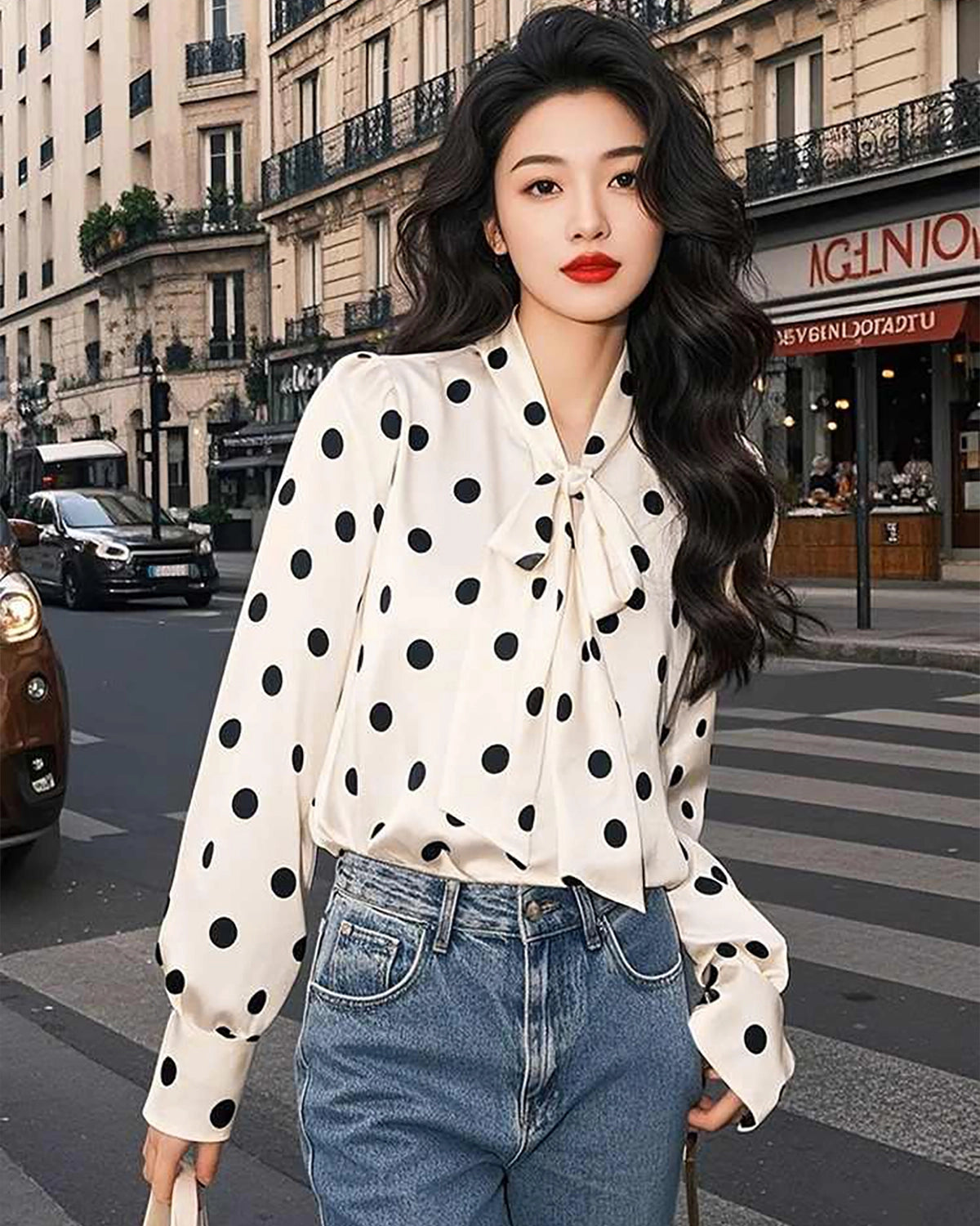 Elegant Silk Polka Dot Bow Blouse for Women - Trendy Office & Party Wear - Perfect for Work, Date Night & Special Occasions