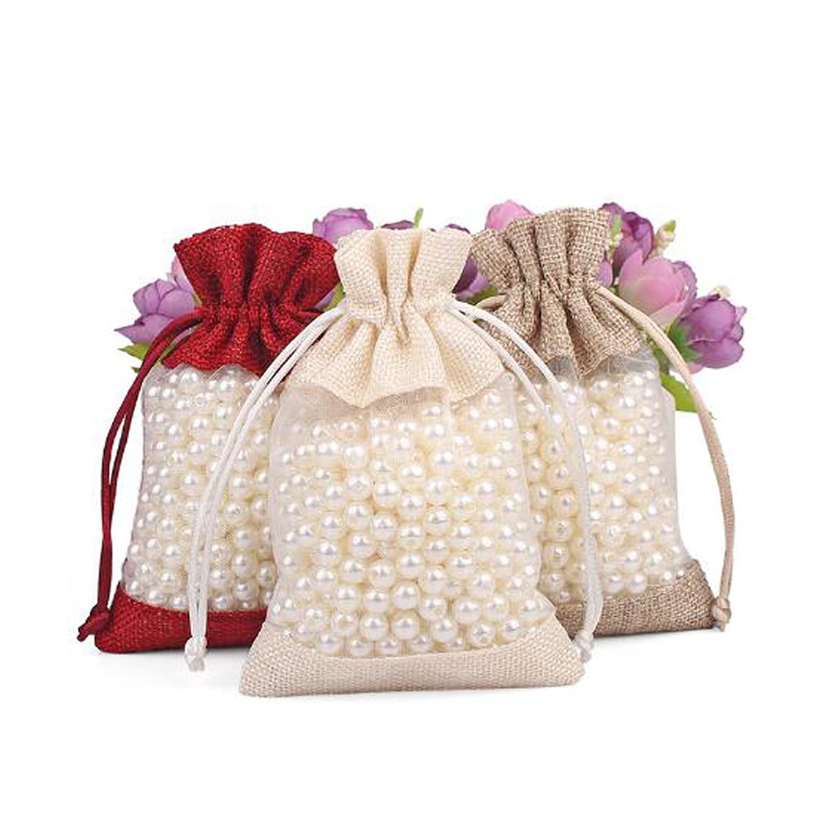 50 Pcs Pink Burlap Drawstring Bags 3.9
