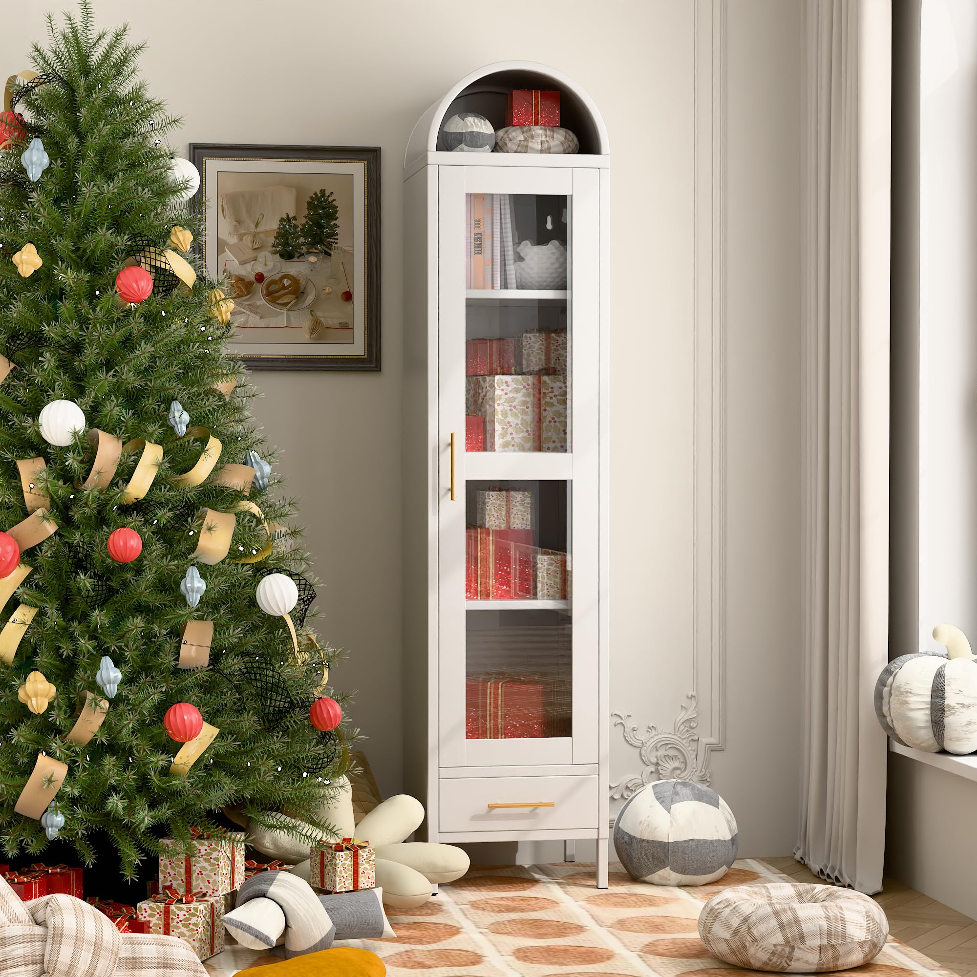 METAN White Metal Arched Storage Cabinet with Glass Door, Drawer & 3 Adjustable Shelves - Modern Bookshelf for Living Room, Kitchen, Pantry | Perfect for Home Organization & Displaying Decor Items