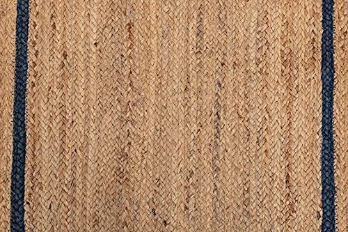 Handwoven Jute Area Rug with Scalloped Edge - 5x5 Square Feet Natural Beige Farmhouse Rug for Bedroom, Living Room & Kitchen - Blue Border Braided Cotton Rug for Boho & Coastal Home Decor