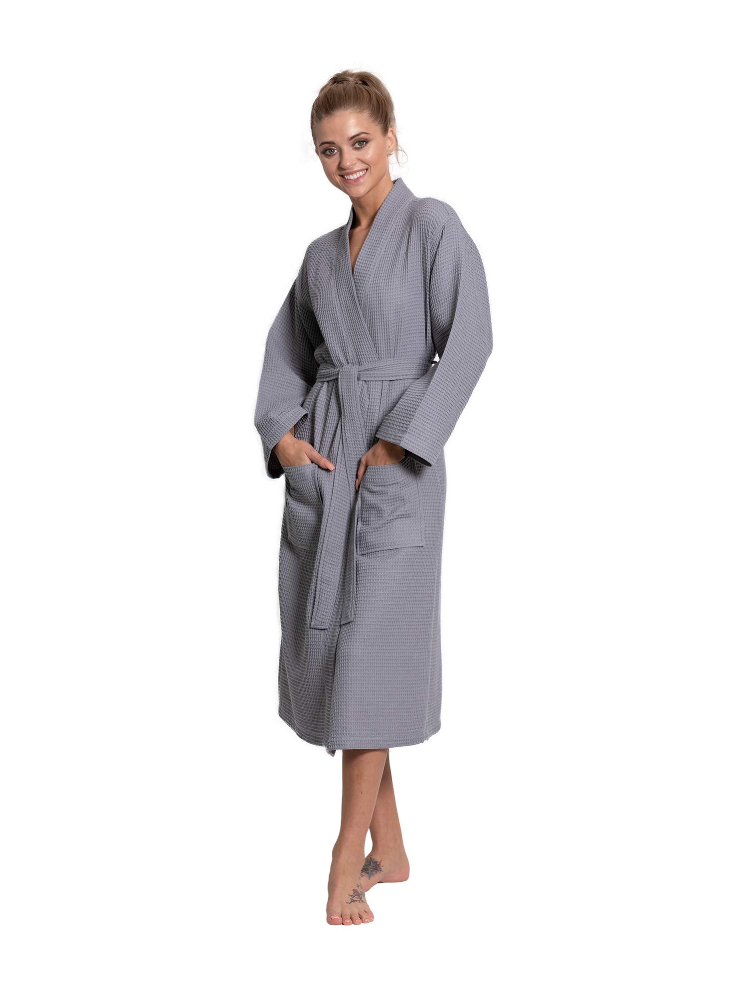 Premium Turquoise Linen & Cotton Blend Lightweight Long Waffle Kimono Robe for Women - Soft Bathrobe, Spa Cover-Up, Loungewear for Relaxation at Home or Beach Vacation