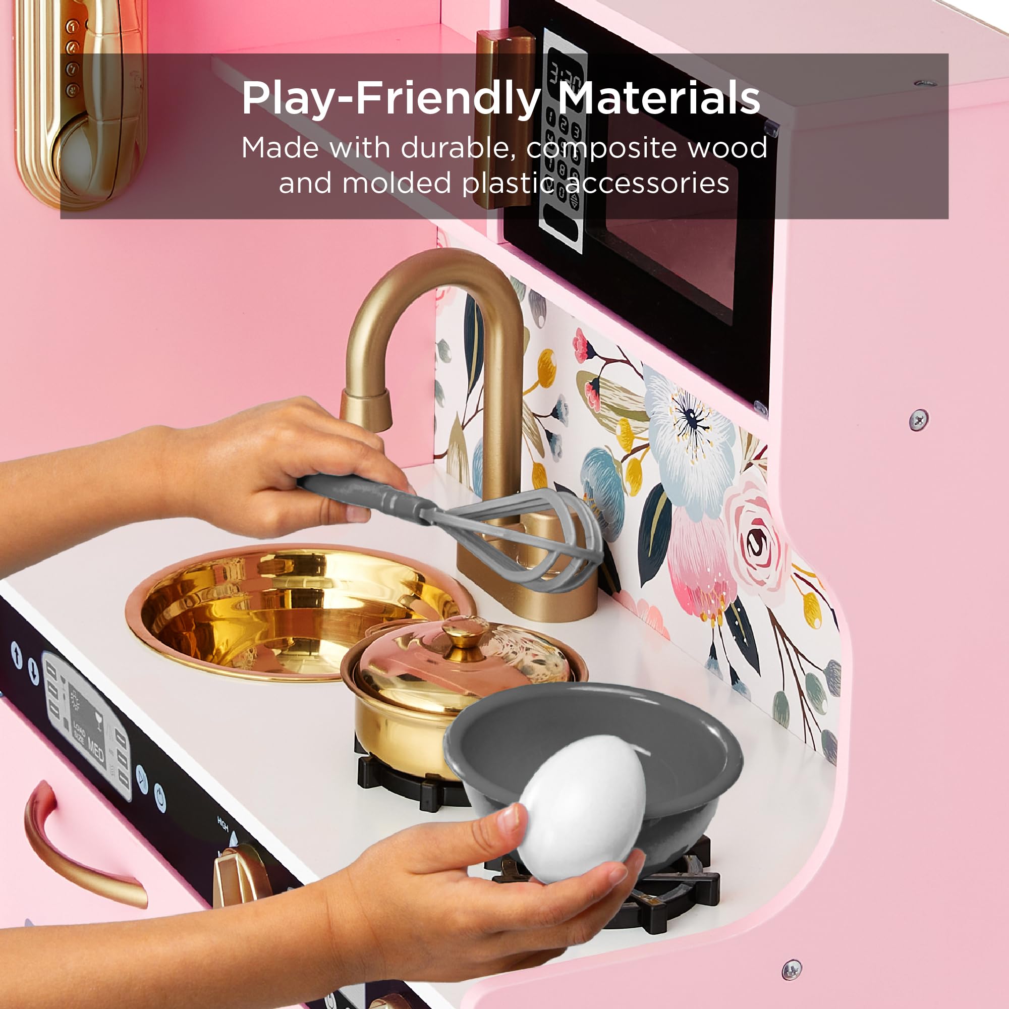 Best Choice Products Wooden Pretend Play Kitchen Toy Set for Kids - Realistic Design with Telephone, Utensils, Oven, Microwave & Sink - Pink Floral - Perfect for Imaginative Play, Role-Playing & Early Learning Development