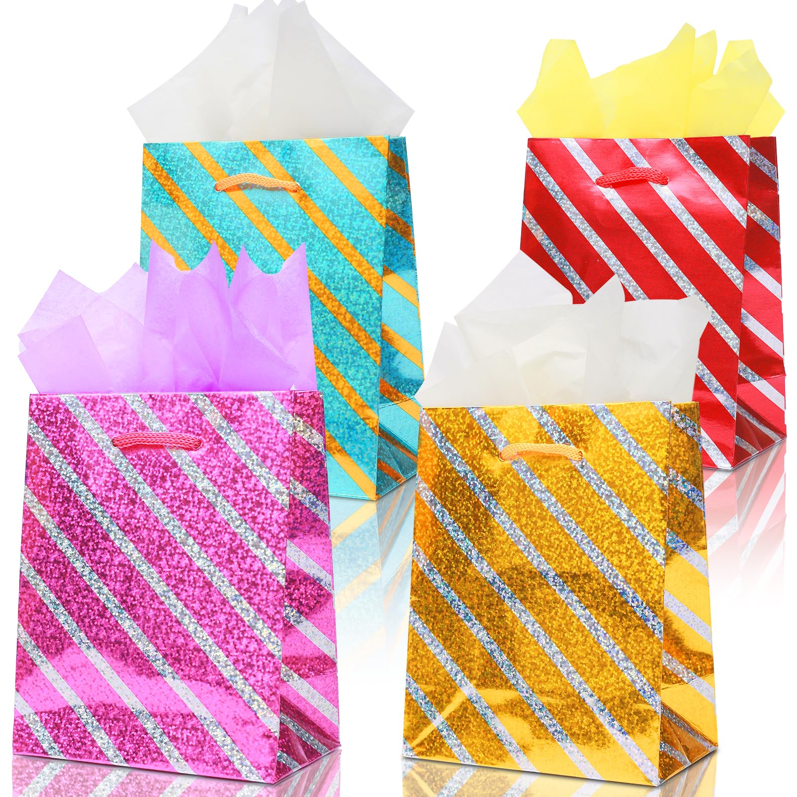 24 Pack Mini Gift Bags with Handles & Tissue Paper - Small Glitter Party Favor Bags for Birthday, Easter, Mother's Day, Baby Shower & Valentine's Day - Bulk Pinstripe Goodie Bags for Candy, Treats & Party Favors (Perfect for Classroom Rewards & Wedding Favors)