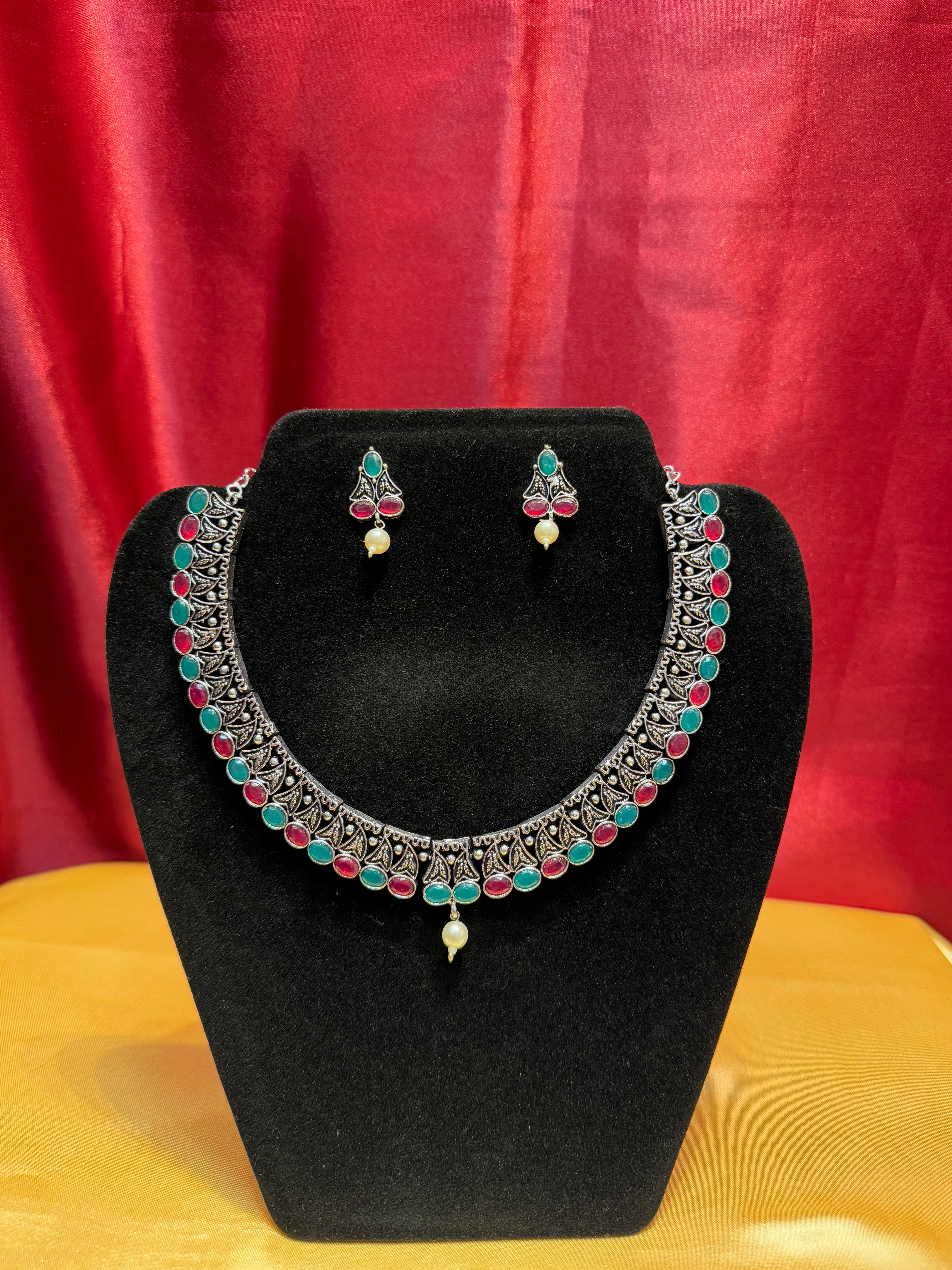 Oxidized Silver Multicolor Pearl Pendant Necklace & Earrings Set for Women - Elegant Jewelry Gift for Wedding, Party & Special Occasions