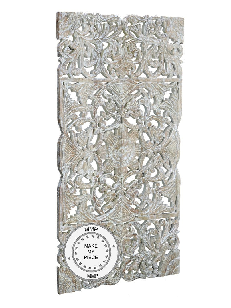 Hand Carved Dynasty Oriental Furniture Whitewashed Panel Bed Headboard - Perfect for Bedroom Decor, Master Suite, and Luxury Home Interiors