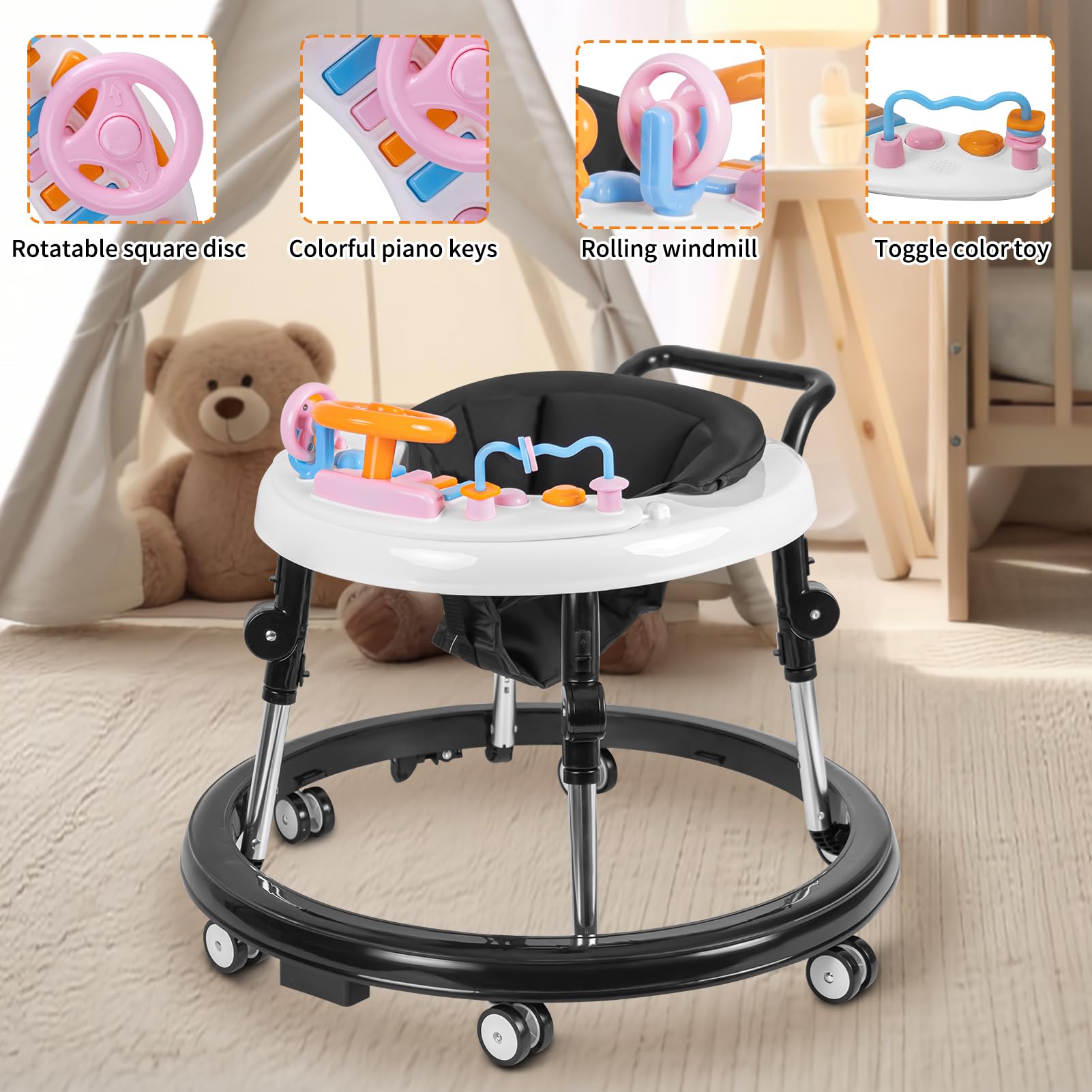 Foldable Baby Walker with Activity Center & Music - Adjustable Height (5 Levels) for Boys & Girls 6-12 Months - Includes Feeding Tray & Wheels - Perfect for Learning to Walk & Indoor Playtime