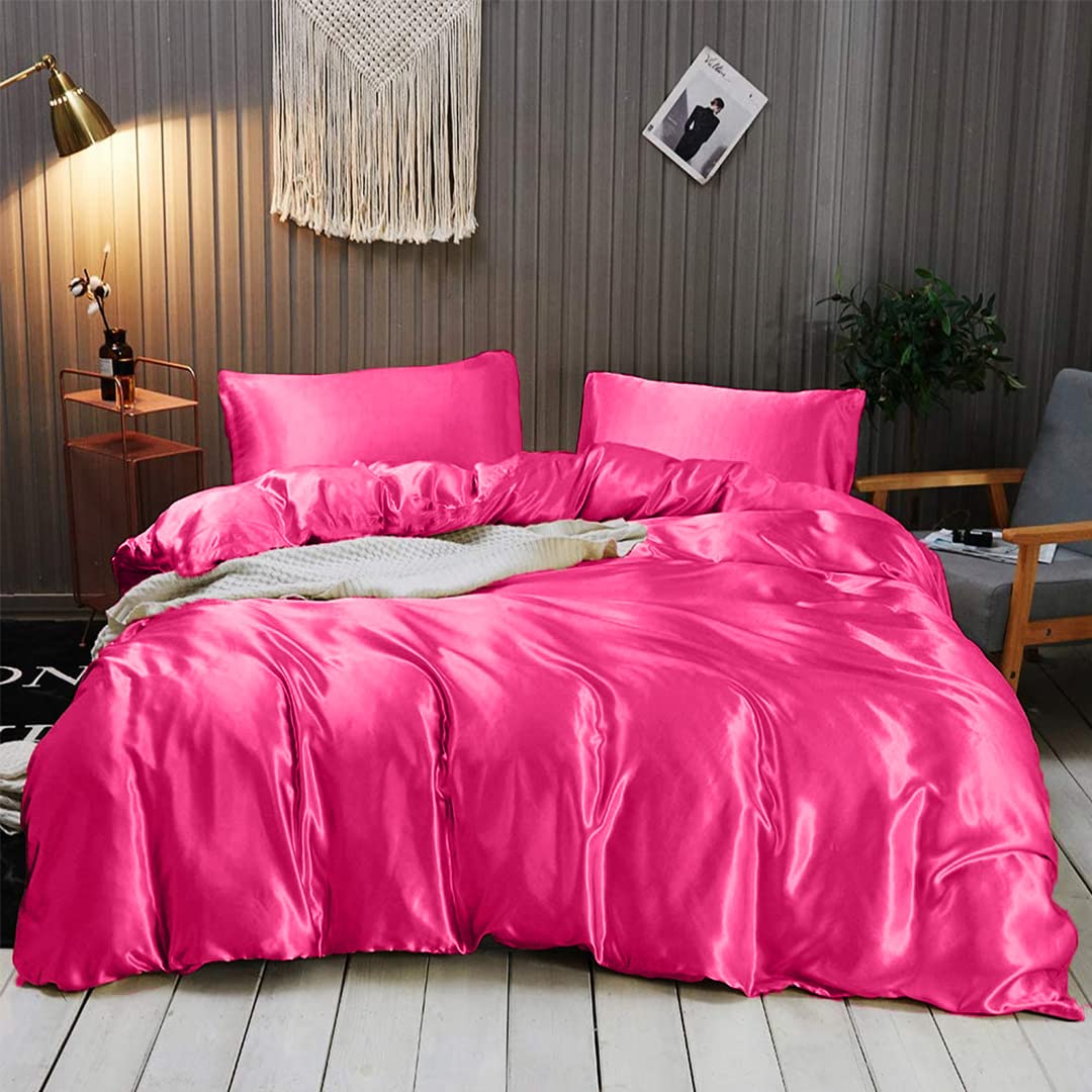 Luxury 7-Piece Full XL Silk Satin Sheet Set - Breathable Cooling Bedding with Deep Pockets - Wrinkle-Free Hotel Quality Duvet Cover & Pillowcases - Hot Pink - Perfect for Master Bedroom, Guest Room & Spa Retreats