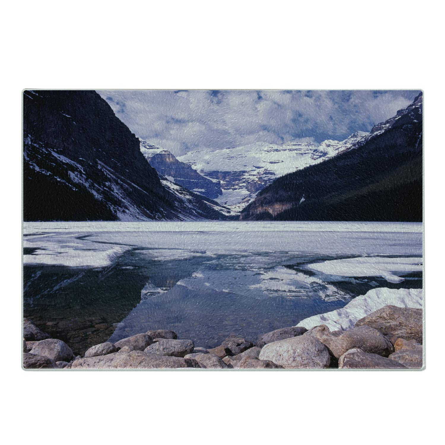Ambesonne Winter Themed Tempered Glass Cutting Board - Lake Louise Alberta Canada Mountains Travel Design - Decorative Serving Board for Cheese, Charcuterie & Appetizers - Small Size Dark Purple Lavender White - Perfect for Holiday Parties & Kitchen Decor