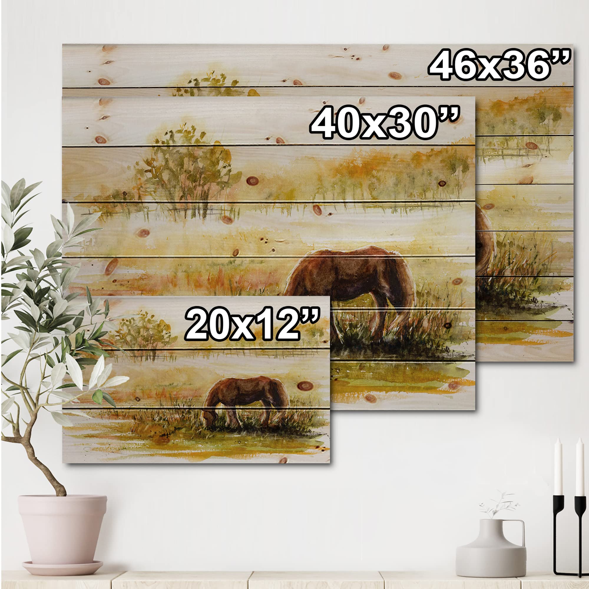 Farmhouse Wood Wall Decor - Horse Grazing On Meadow Art Print, Yellow Animal Wall Art Panel, Large Pine Wood Wall Hanging for Living Room, Bedroom & Office Decor