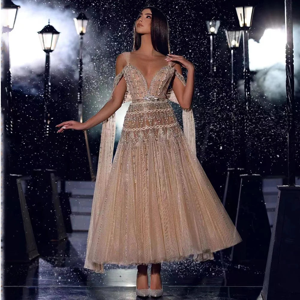 Luxury Dubai Arabic Nude A-Line Midi Strapless Beaded Evening Dress Gown for Women - Wedding, Party, Prom, Formal Occasions LA71911