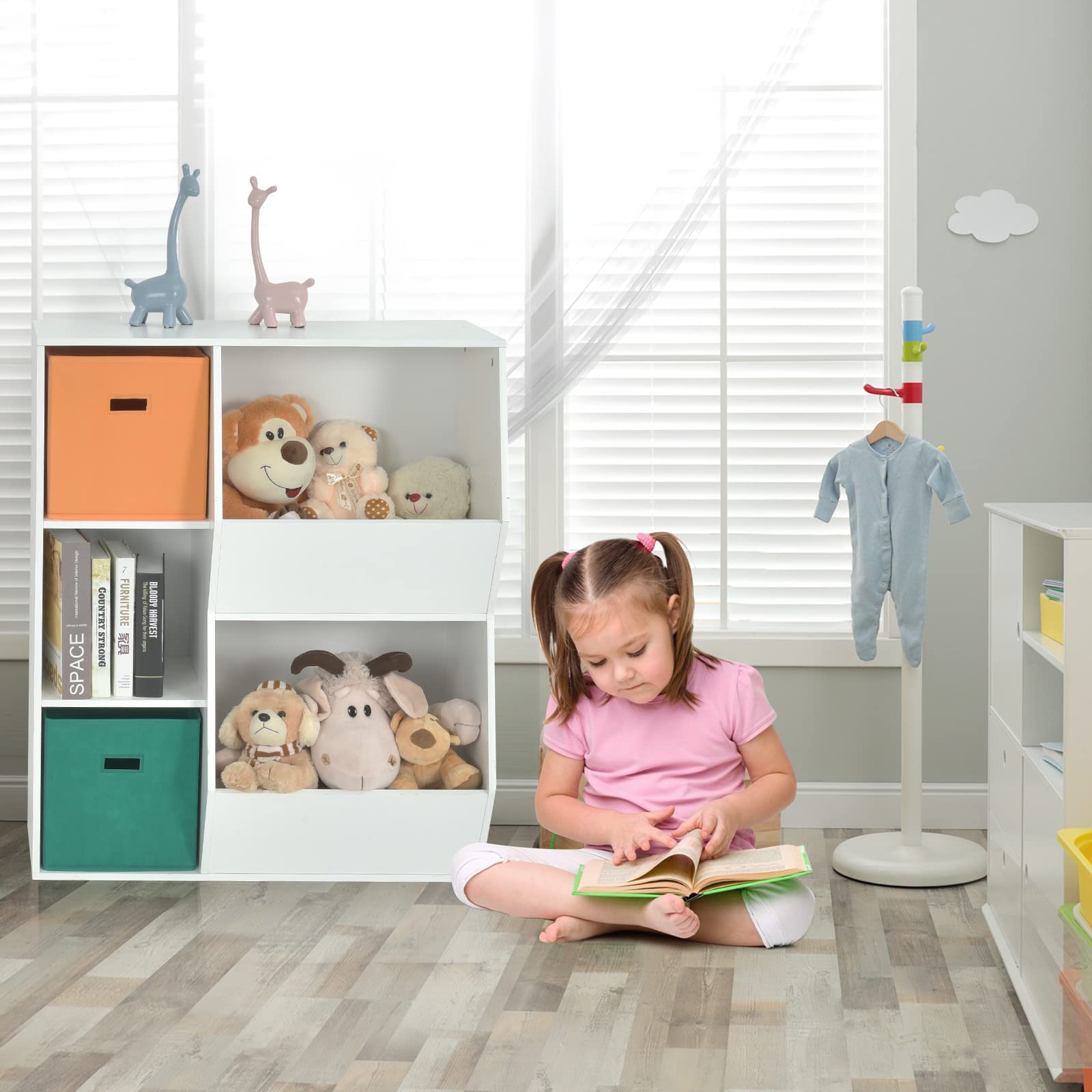 Costzon 5-Cubby Wooden Toy Storage Organizer with Bookcase & Bins - Kids Bookshelf & Toy Cabinet for Toddlers - Nursery, Playroom, Daycare & Living Room Storage Solution (White) - Perfect for Organizing Toys, Books & Kids' Essentials in Bedrooms & Classrooms