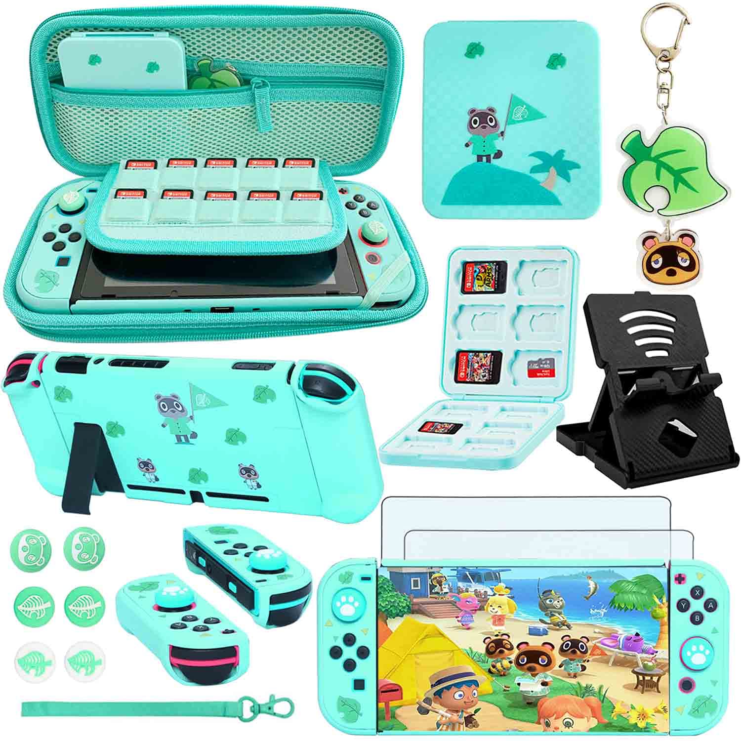 YOOWA Nintendo Switch Animal Crossing Accessories Bundle - Carrying Case, Protective Cover, Screen Protector, Game Card Holder, Play Stand & Thumb Grips | Perfect for Travel, Gaming Parties & Home Entertainment