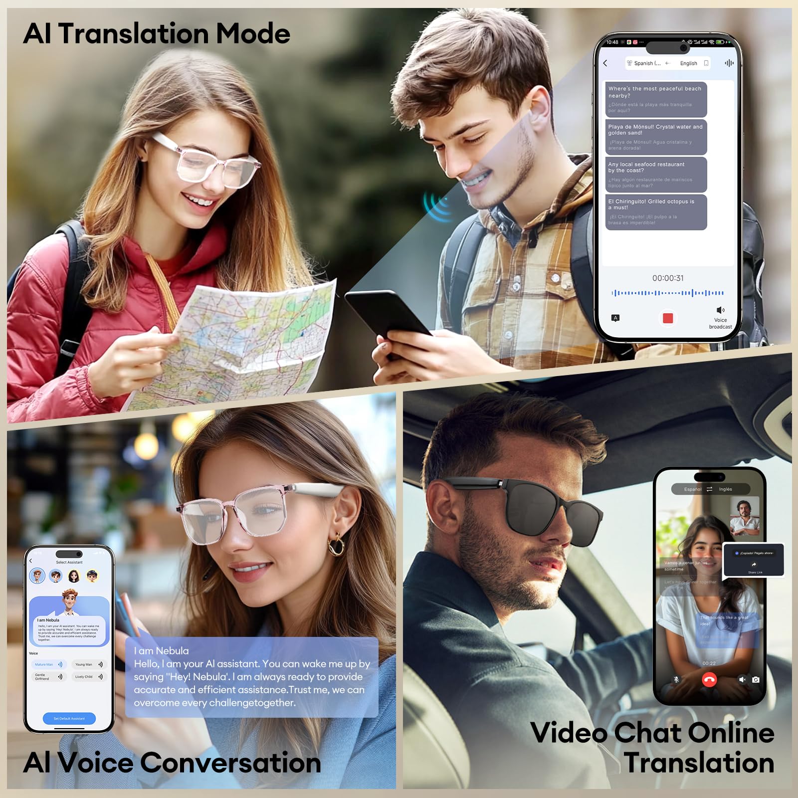 Smart Bluetooth Glasses with AI Translation & Blue Light Filtering - HY-C8 Black for Travel & Work