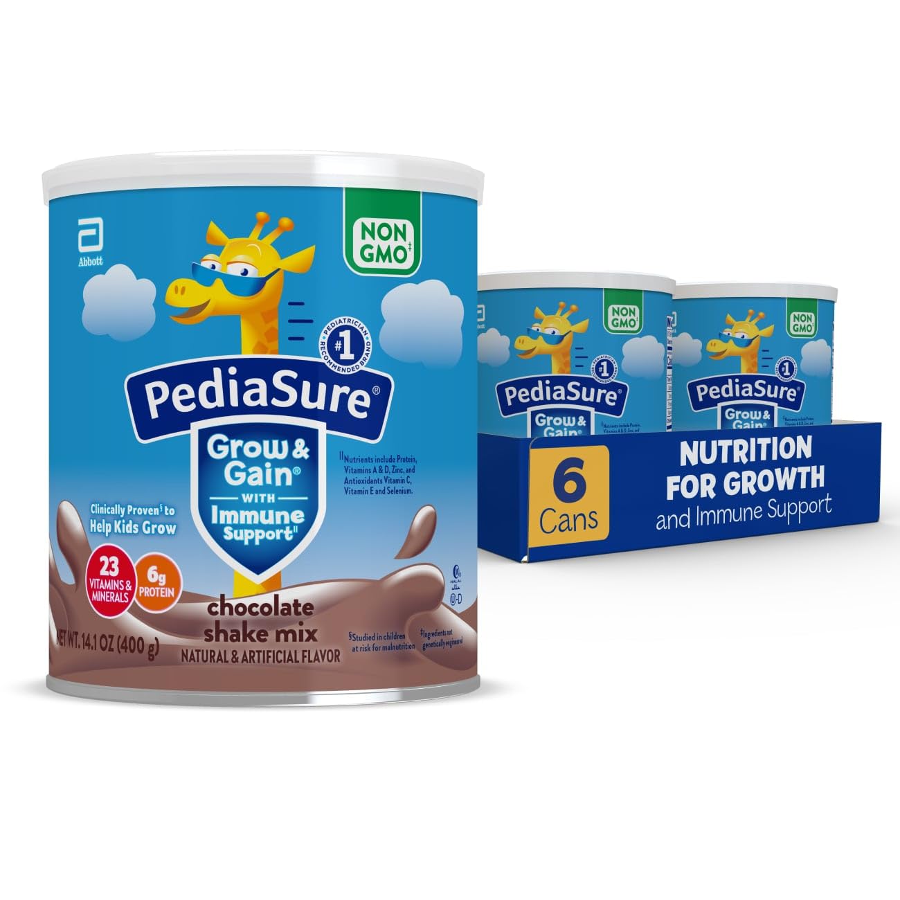 PediaSure Grow & Gain Chocolate Shake Mix - Kids Nutritional Drink Powder for Growth & Development, 14.1 oz (6 Pack) - Perfect for School Lunches, After-School Snacks & Picky Eaters