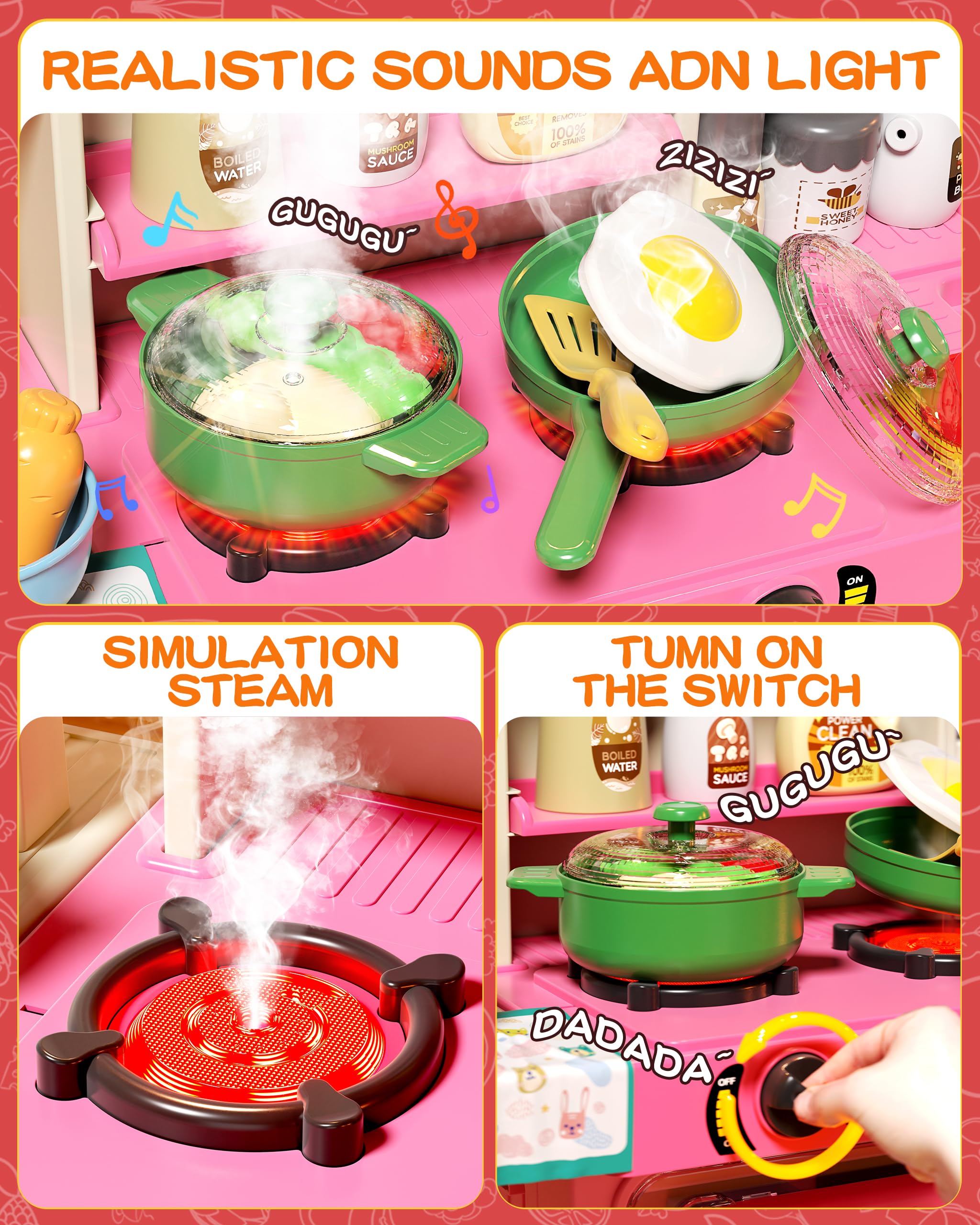 70PCS Kids Pretend Play Kitchen Set with Sound & Light - 33.8