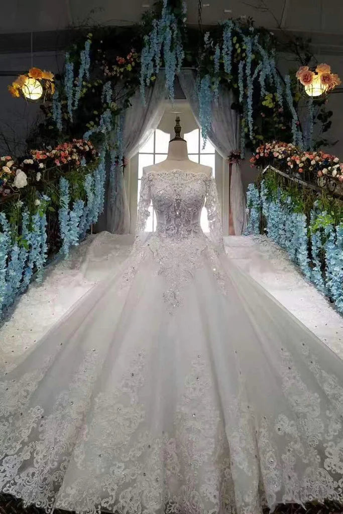 Elegant Off-The-Shoulder Rhinestone Lace Wedding Dress with Long Sleeves & Royal Train - Perfect for Bridal Gowns, Formal Events & Princess-Themed Weddings