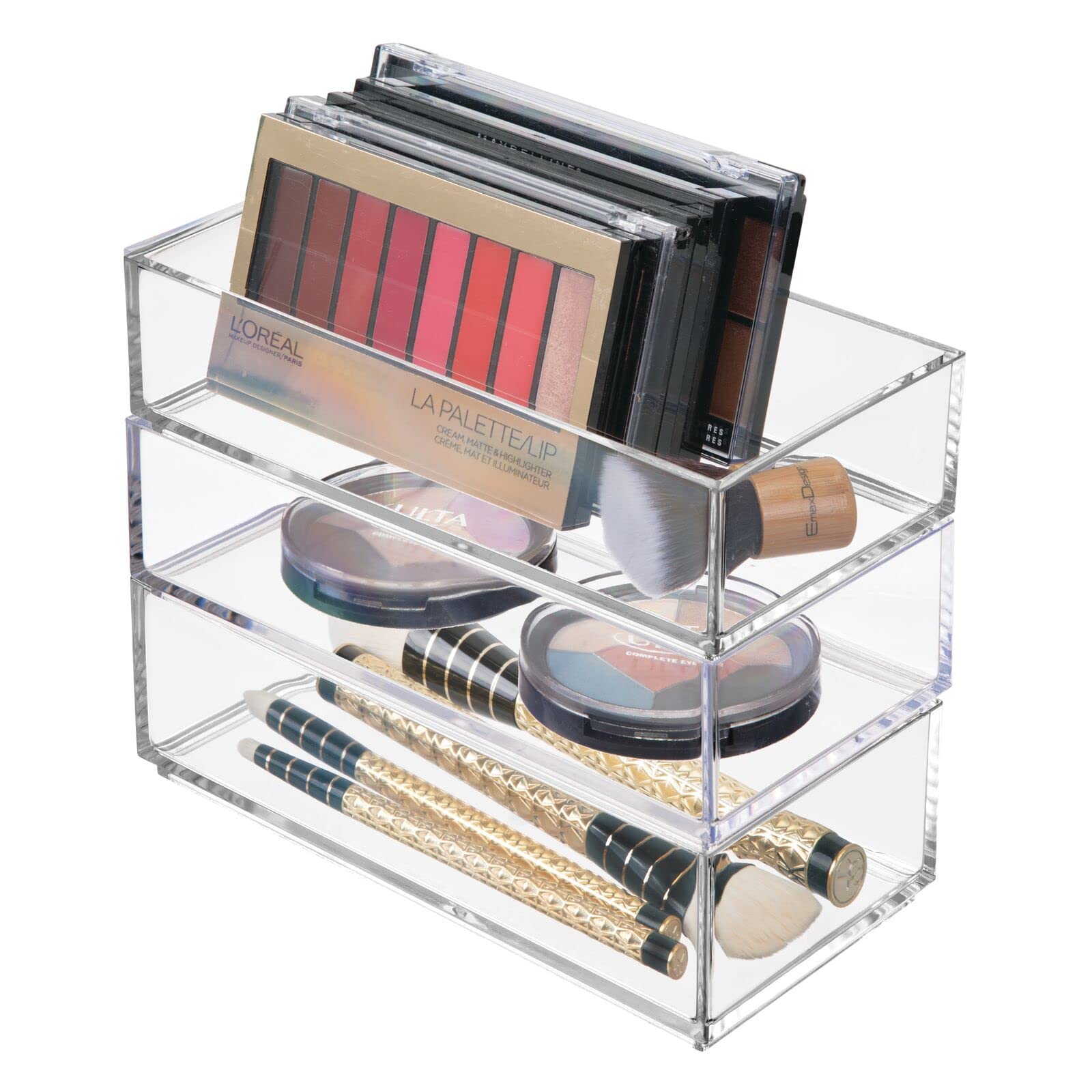 mDesign Stackable Makeup Organizer Set of 3 - Clear Cosmetic Storage Boxes for Nail Polish, Lipstick & Beauty Products - Bathroom & Bedroom Organization Solutions