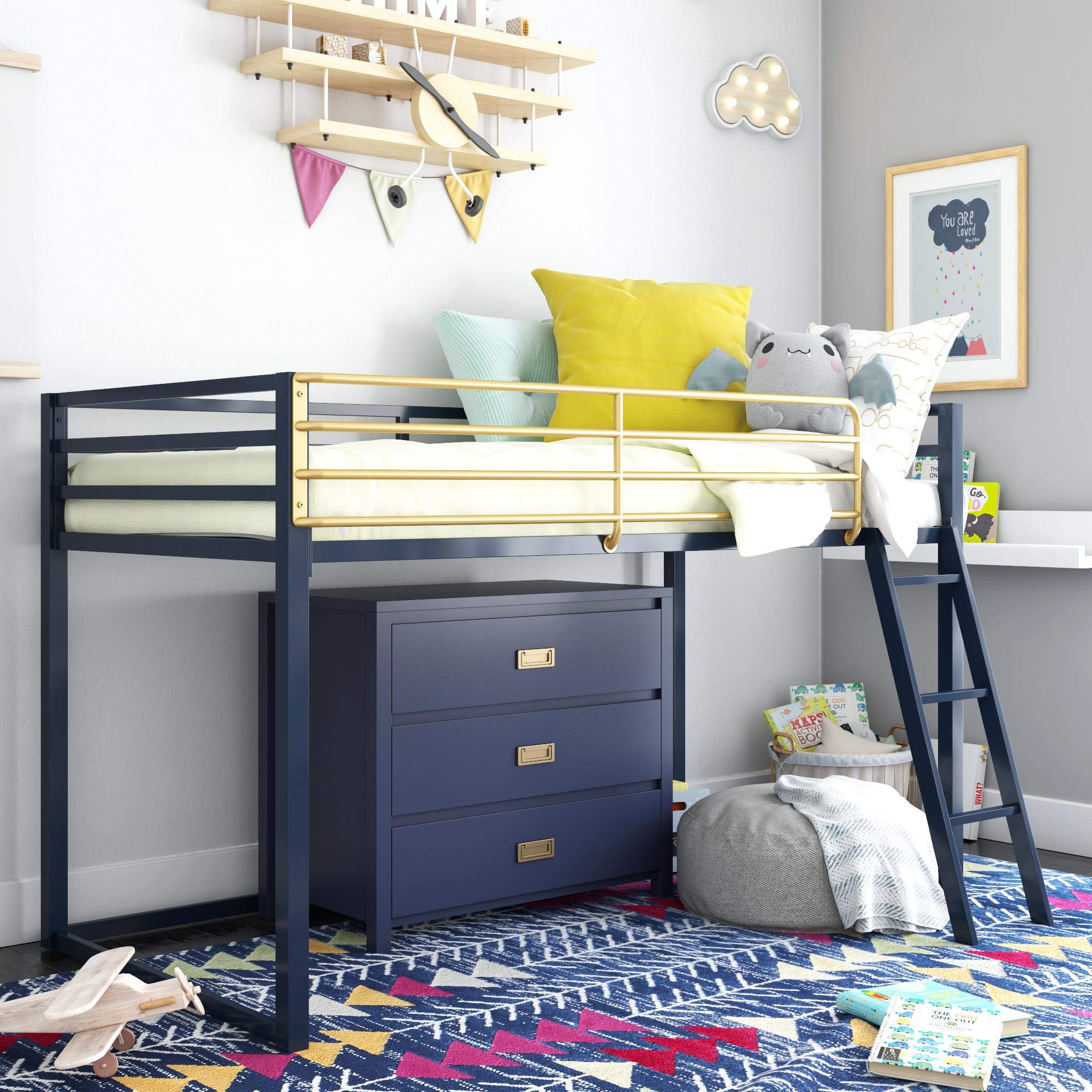 Little Seeds Monarch Hill Haven Twin Size Metal Junior Bed - Navy Loft Blue | Kids Bedroom Furniture for Small Spaces, Sleepover Ready & Space-Saving Design