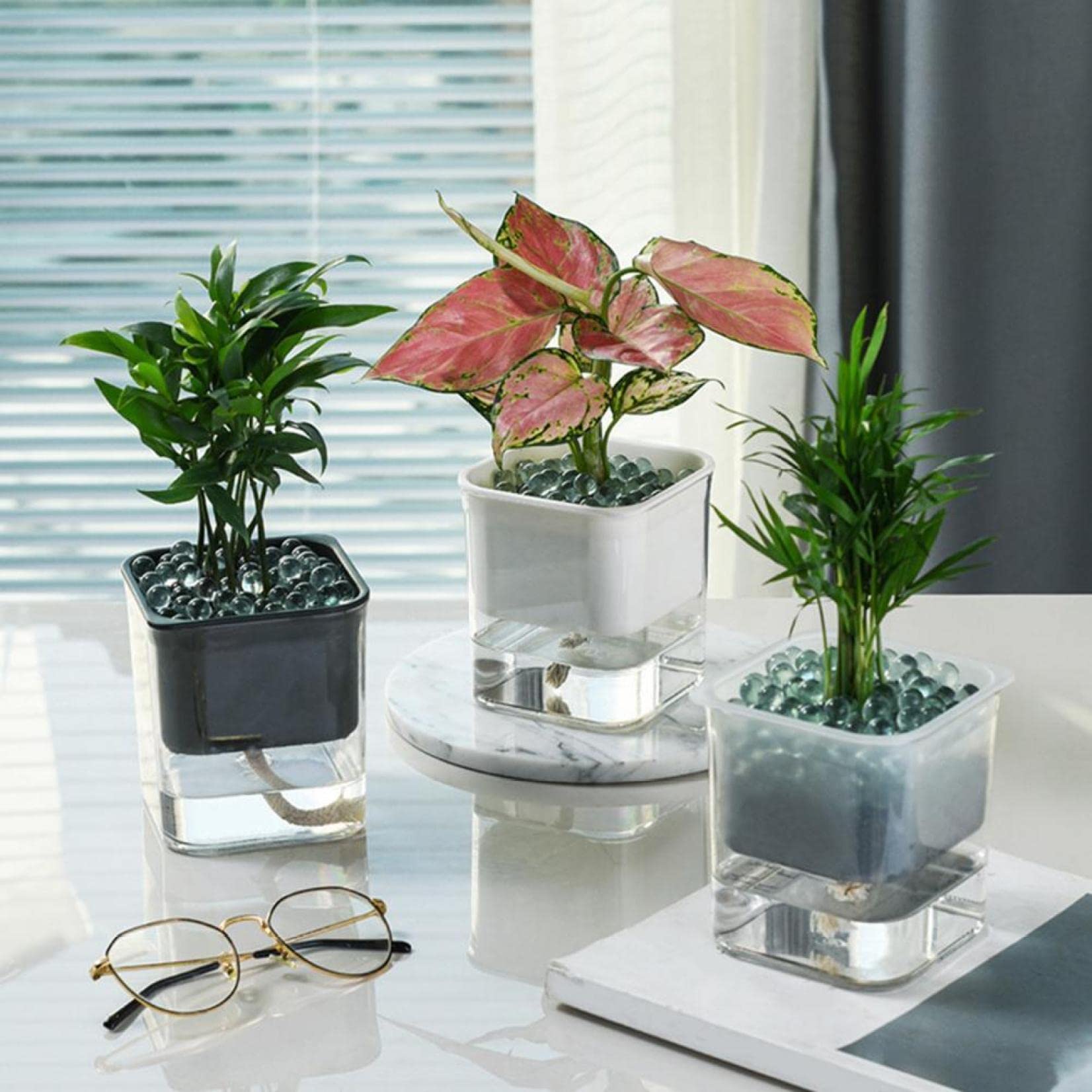 Transparent Self-Watering Square Planter - Modern Flower Pot for Indoor Plants, Succulents & Herbs | Perfect for Home, Office, Balcony & Desk Decor | Auto Water Absorption System for Easy Plant Care