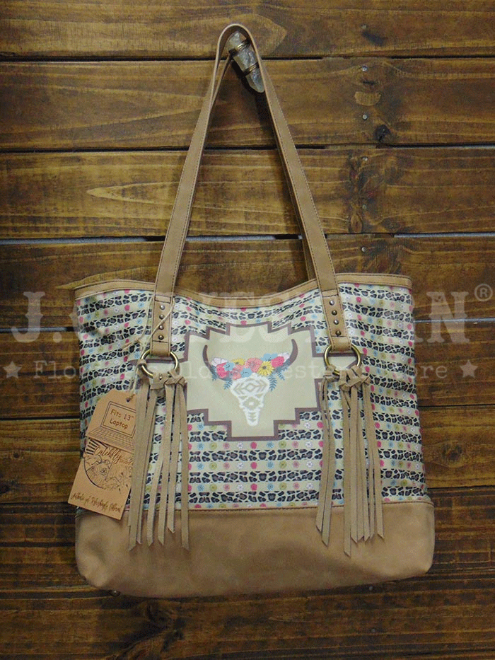 CatchFly Women's Floral Cow Skull Suede Fringe Tote Bag - Tan | Boho Western Handbag for Women | Perfect for Music Festivals, Beach Outings & Casual Everyday Use