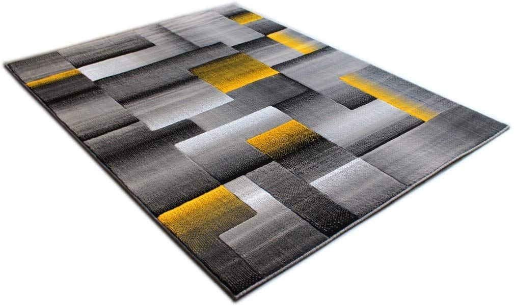 Modern Contemporary Boxes Area Rug in Yellow, Grey & Black - 8x10 Feet Soft Non-Slip Living Room Rug for Bedroom, Office & Home Decor