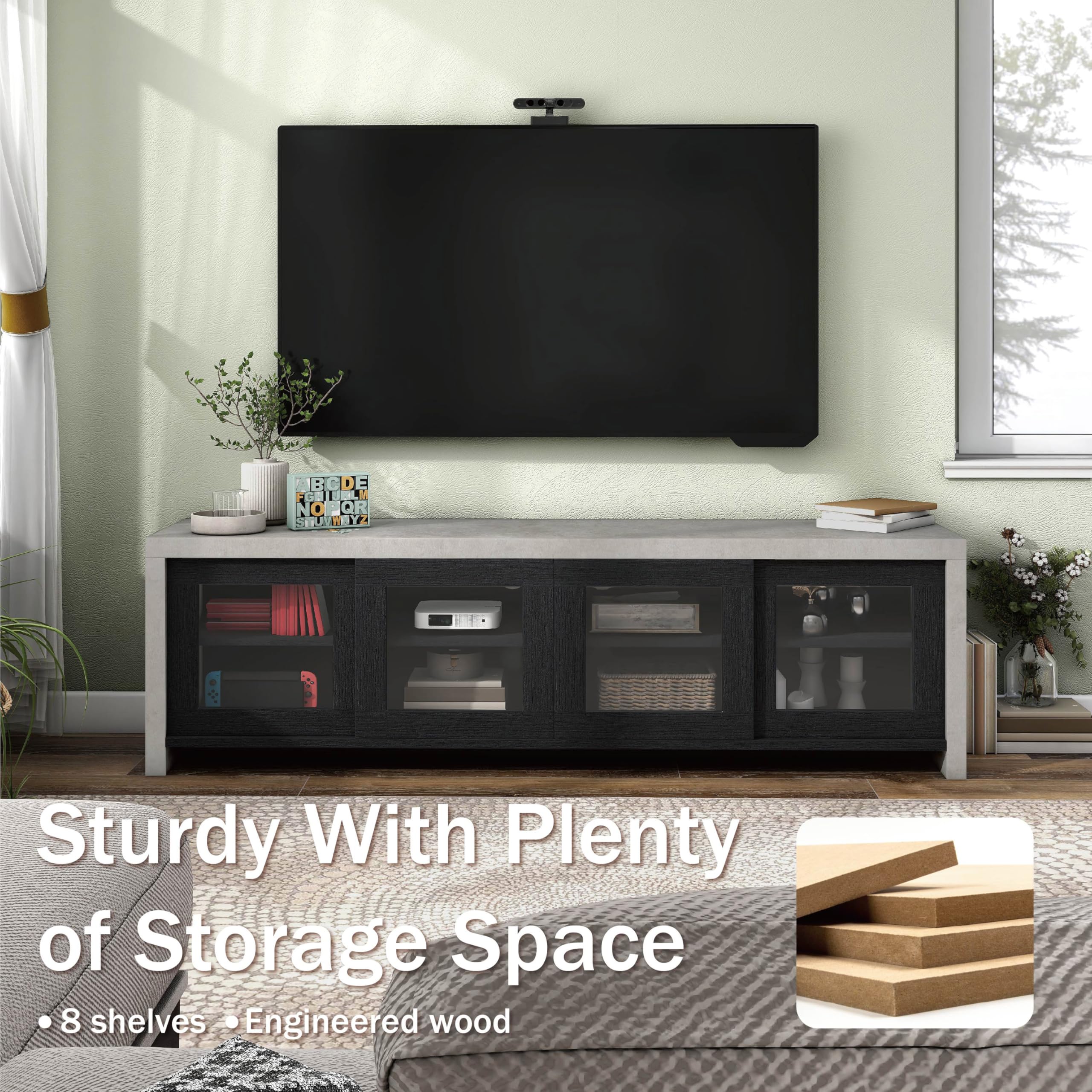 Modern Sliding Glass Door TV Stand - Black & Cement Finish - 24/7 Shop at Home Nouel - Perfect for Living Room, Bedroom & Home Theater Setup